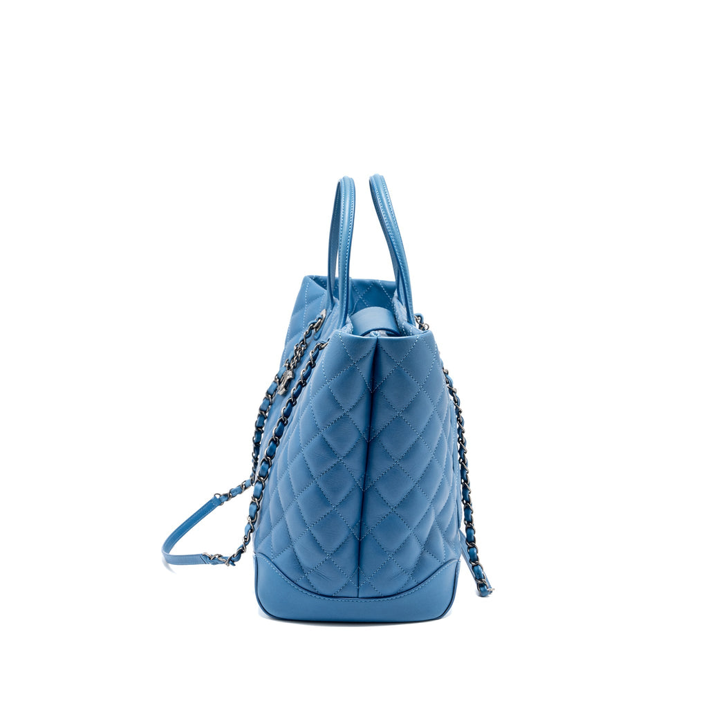 CHANEL TOP HANDLE QUILTED TOTE BAG CALFSKIN BLUE RUTHENIUM HARDWARE