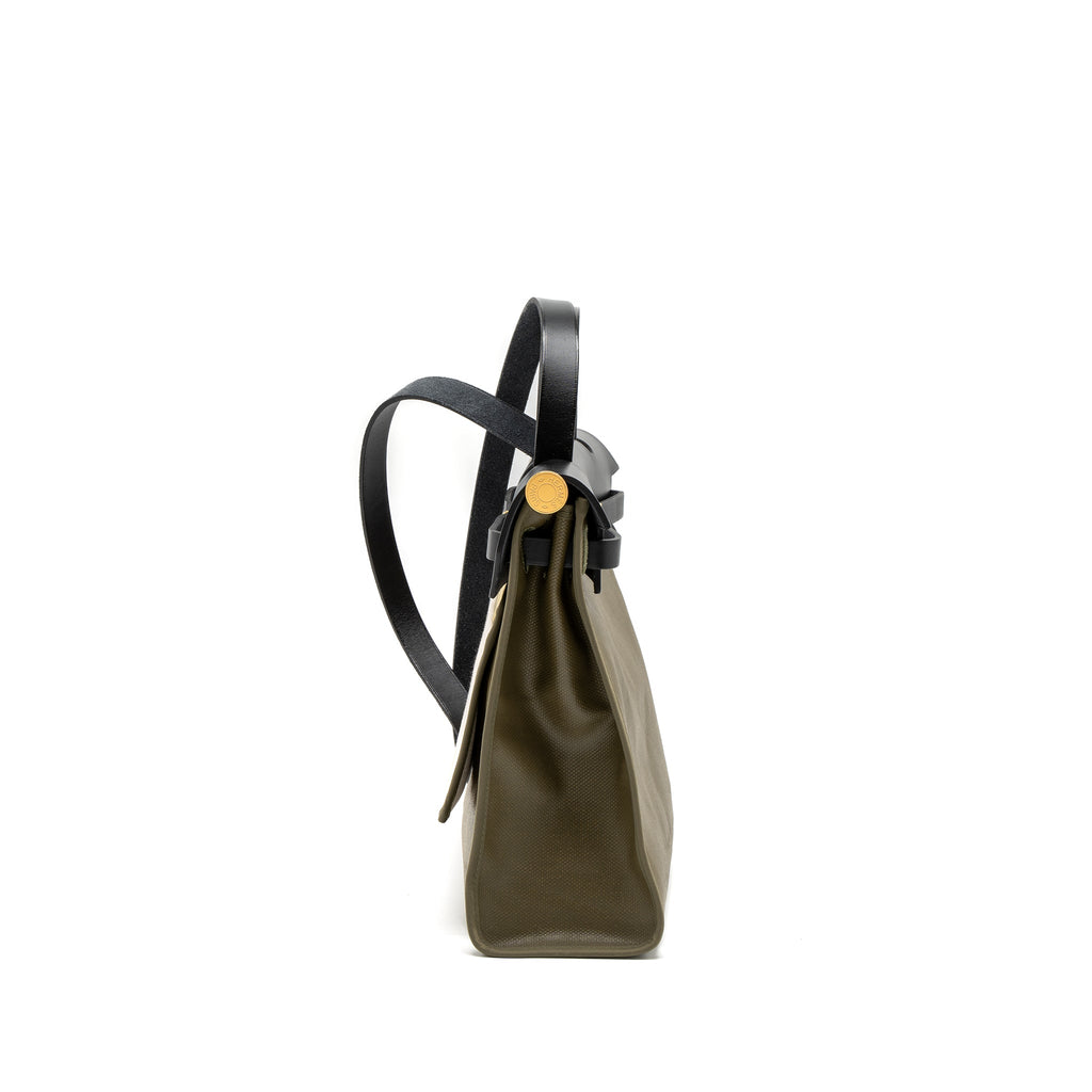 HERMES HERBAG 31 ZIP BAG TOLIE H BERLINE CANVAS/VACHE HUNTER LICHEN/ECRU-BEIGE/BLACK GHW