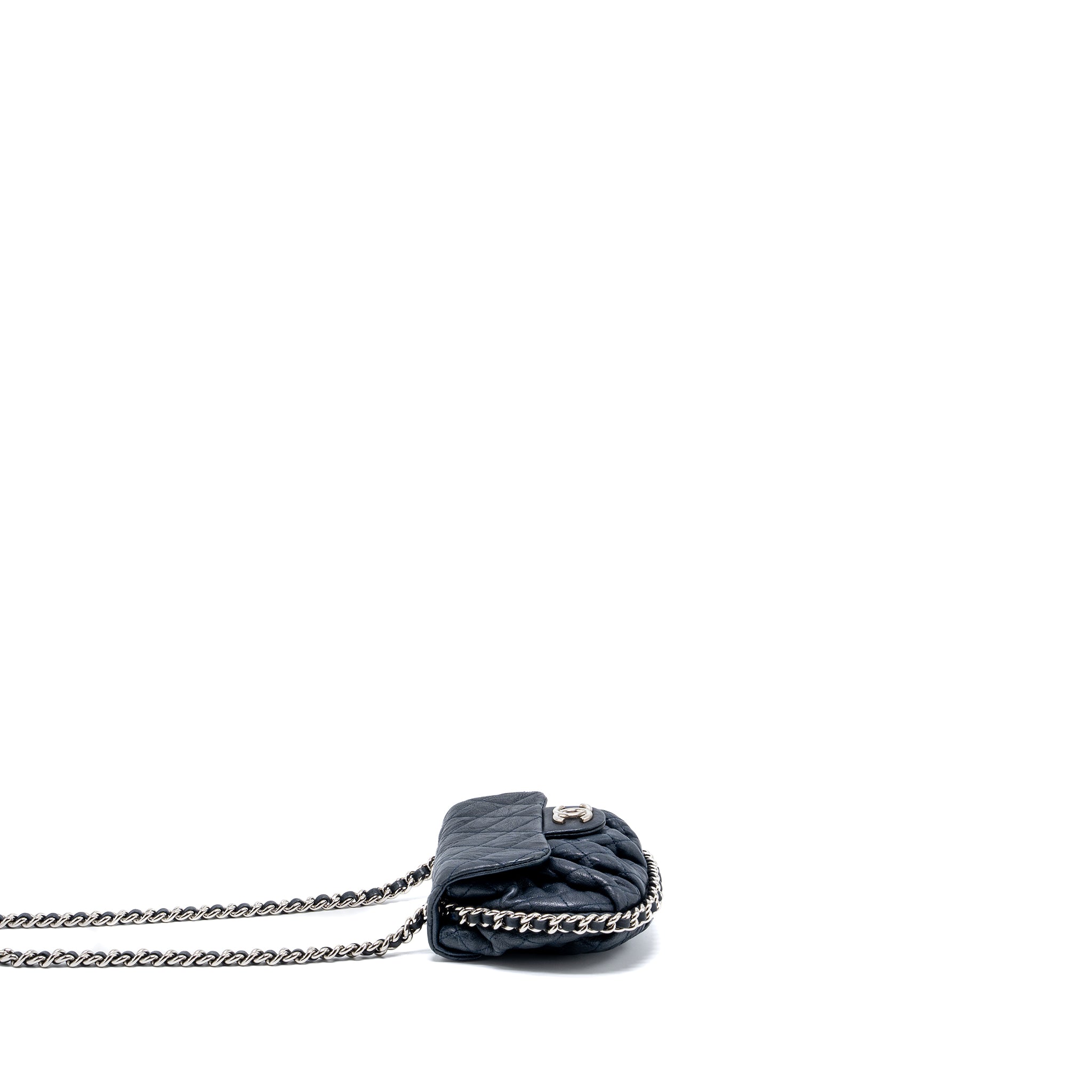 CHANEL MINI ROUND FLAP BAG WITH CHAIN AGED CALFSKIN NAVY SHW