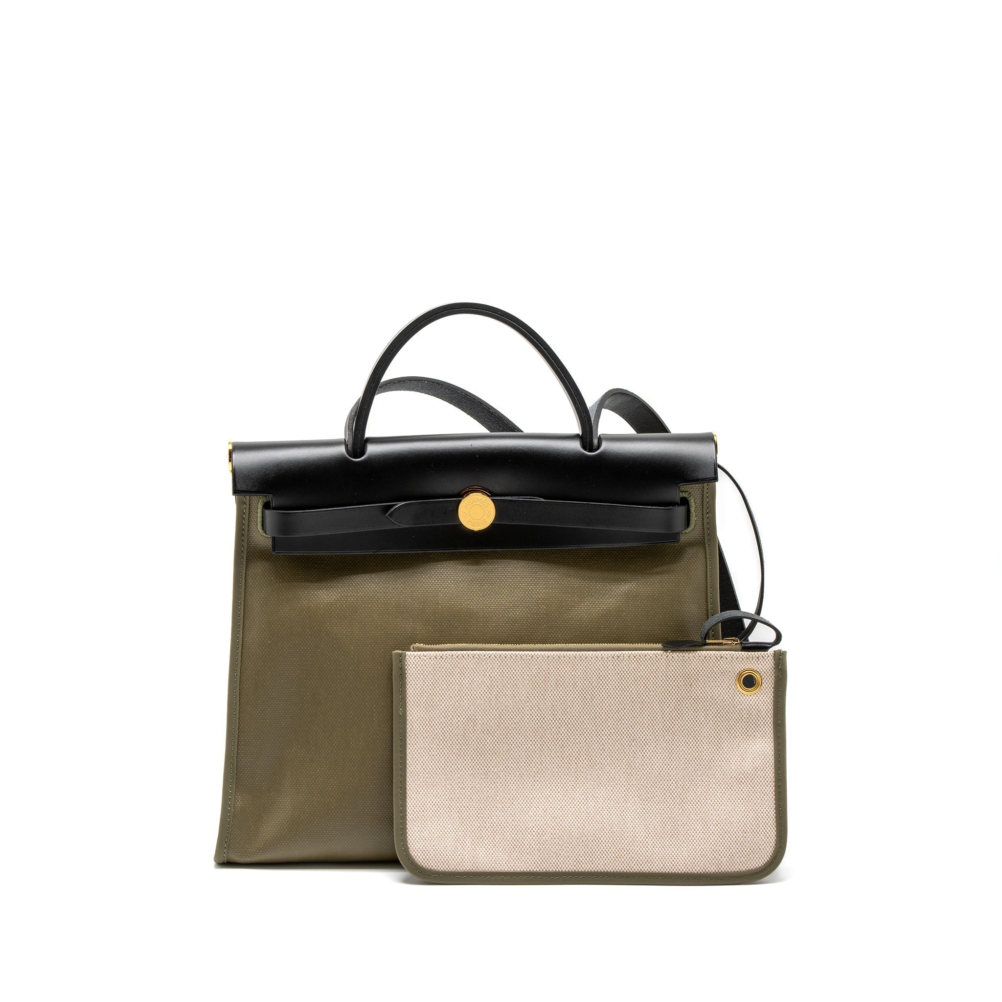 HERMES HERBAG 31 ZIP BAG TOLIE H BERLINE CANVAS/VACHE HUNTER LICHEN/ECRU-BEIGE/BLACK GHW