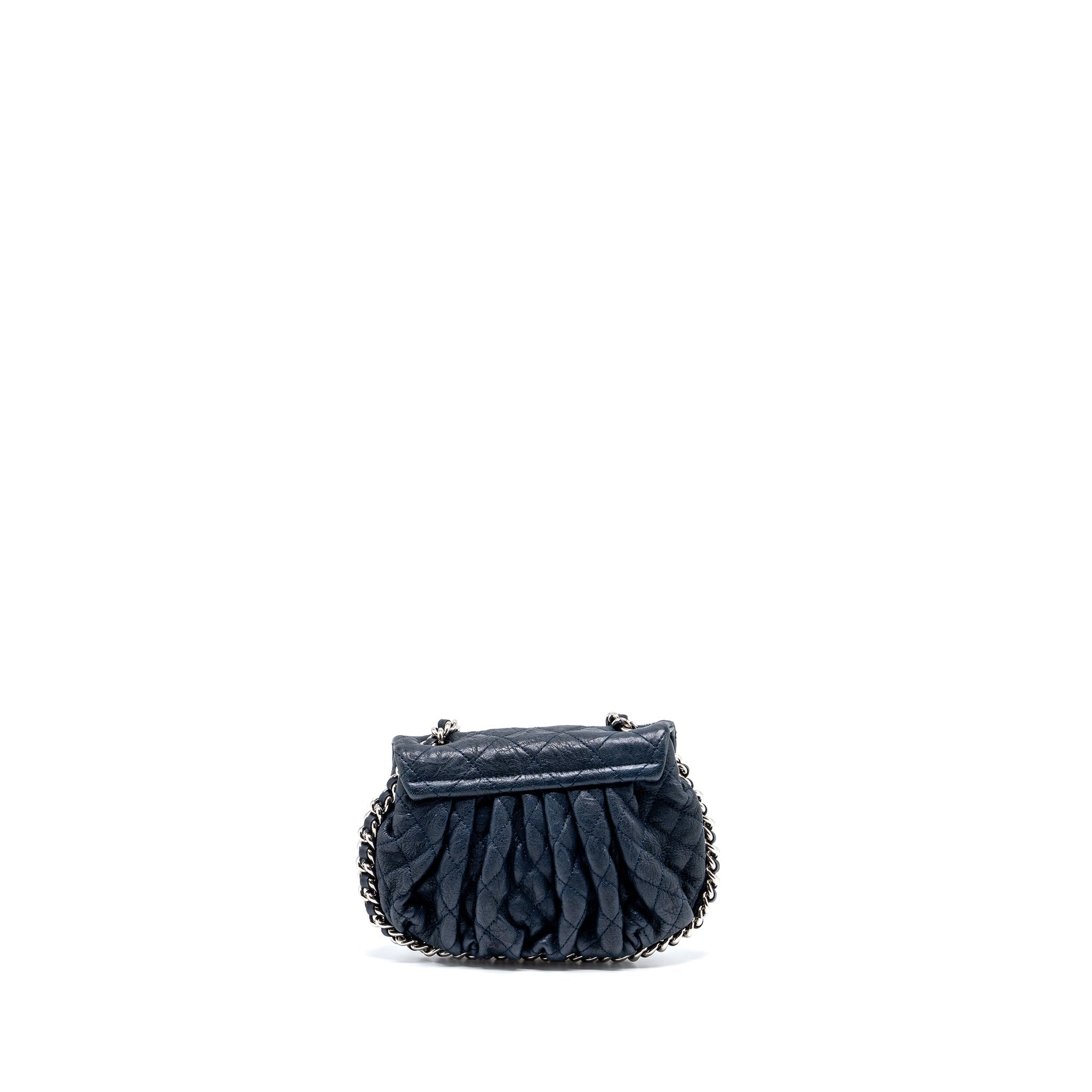 CHANEL MINI ROUND FLAP BAG WITH CHAIN AGED CALFSKIN NAVY SHW