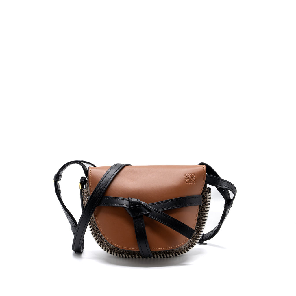 LOEWE SMALL GATE BAG CALFSKIN/TWEED TAN GHW