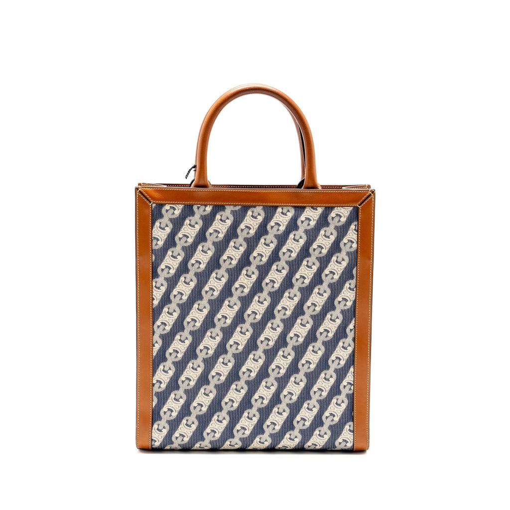 CELINE VERTICAL CABAS TOTE IN TRIOMPHE DENIM /LEATHER NAVY/TAN GHW
