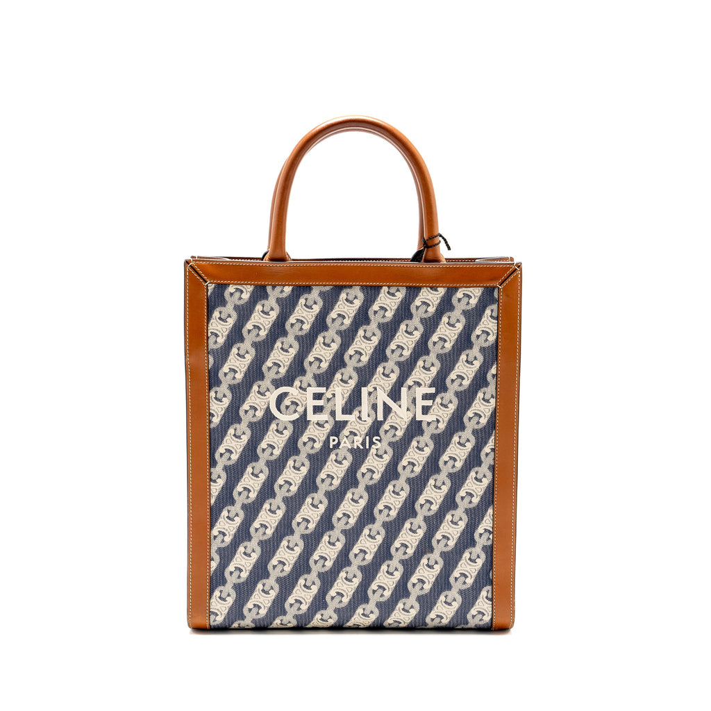 CELINE VERTICAL CABAS TOTE IN TRIOMPHE DENIM /LEATHER NAVY/TAN GHW