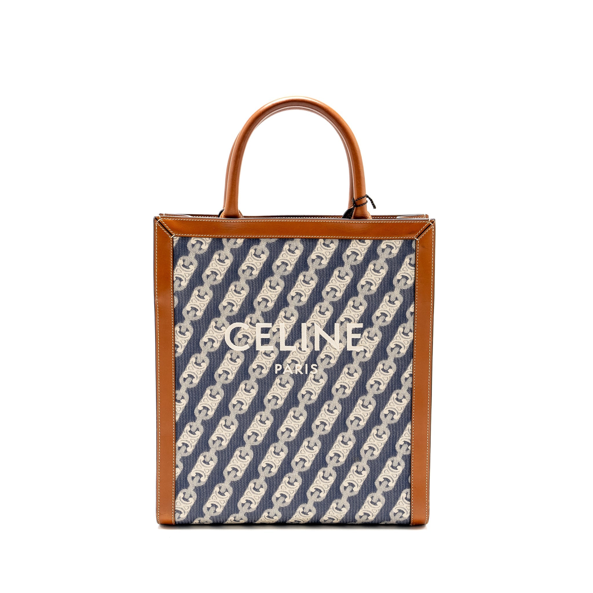 CELINE VERTICAL CABAS TOTE IN TRIOMPHE DENIM /LEATHER NAVY/TAN GHW