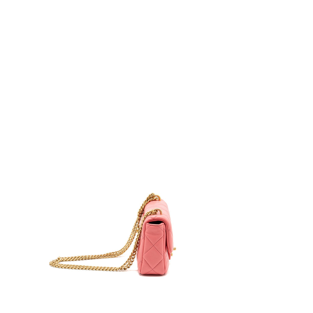 CHANEL 22P MINI SQUARE FLAP BAG LAMBSKIN PINK ENAMEL/GOLD HARDWARE(MICROCHIP)