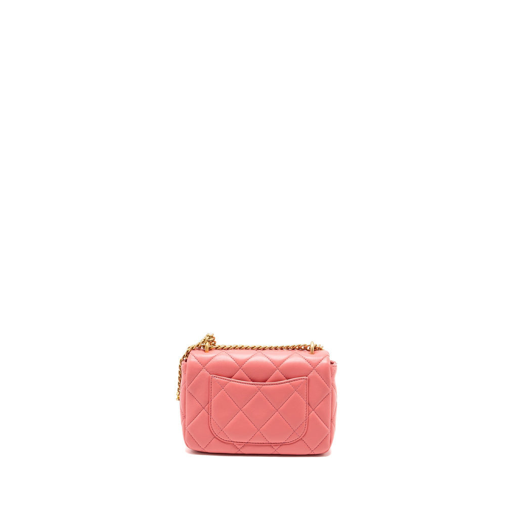 CHANEL 22P MINI SQUARE FLAP BAG LAMBSKIN PINK ENAMEL/GOLD HARDWARE(MICROCHIP)