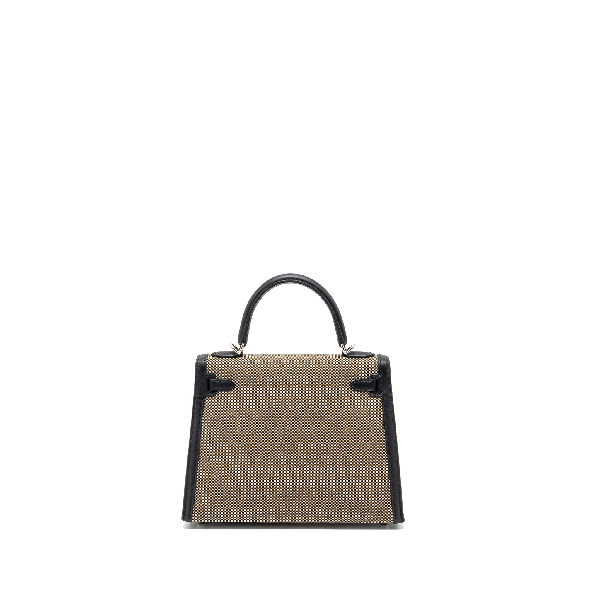 HERMES KELLY 25 SELLIER TOILE QUADRILLE /SWIFT BLACK-BLANC-DESERT / BLACK SHW