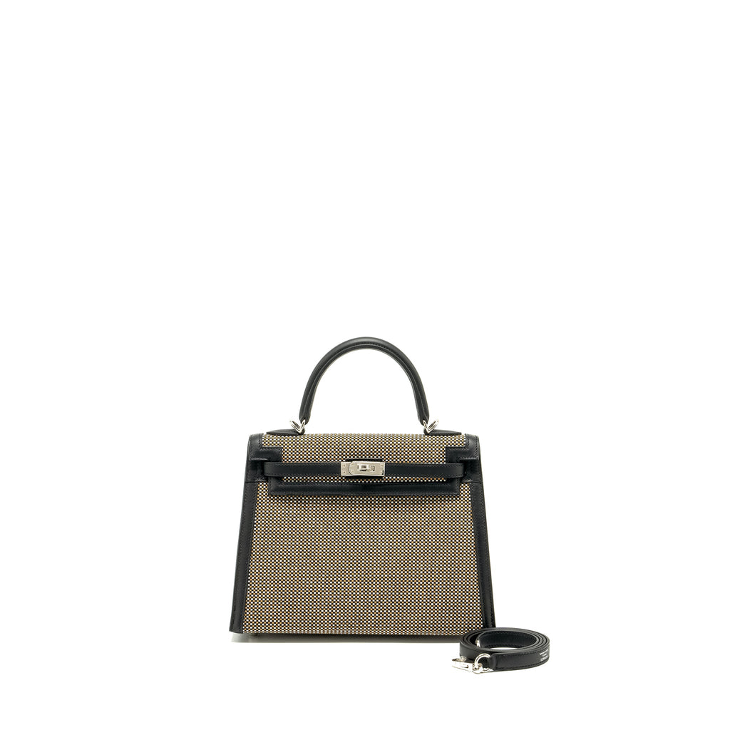 HERMES KELLY 25 SELLIER TOILE QUADRILLE /SWIFT BLACK-BLANC-DESERT / BLACK SHW