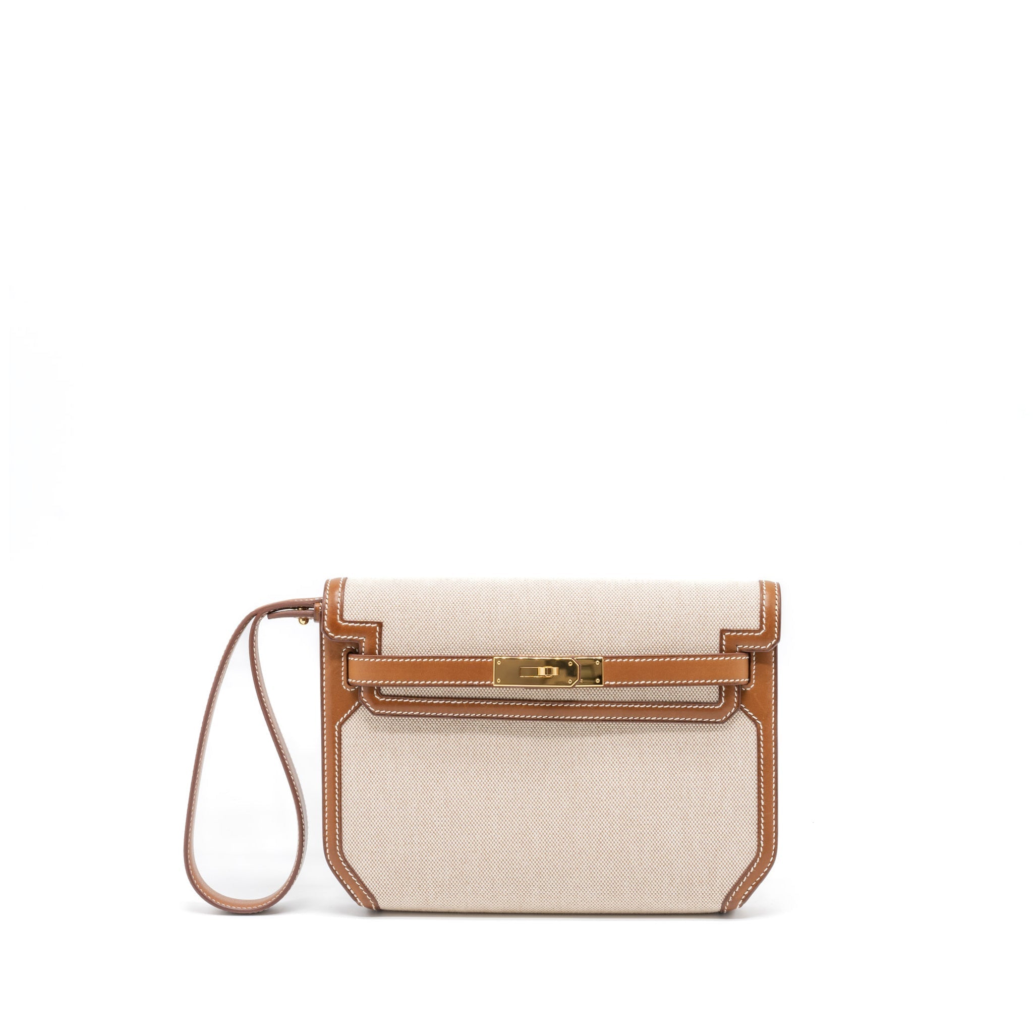 HERMES POCHETTE KELLY DEPECHES 25 CANVAS AND BARENIA, ECRU/ BEIGE / FAUVE GHW