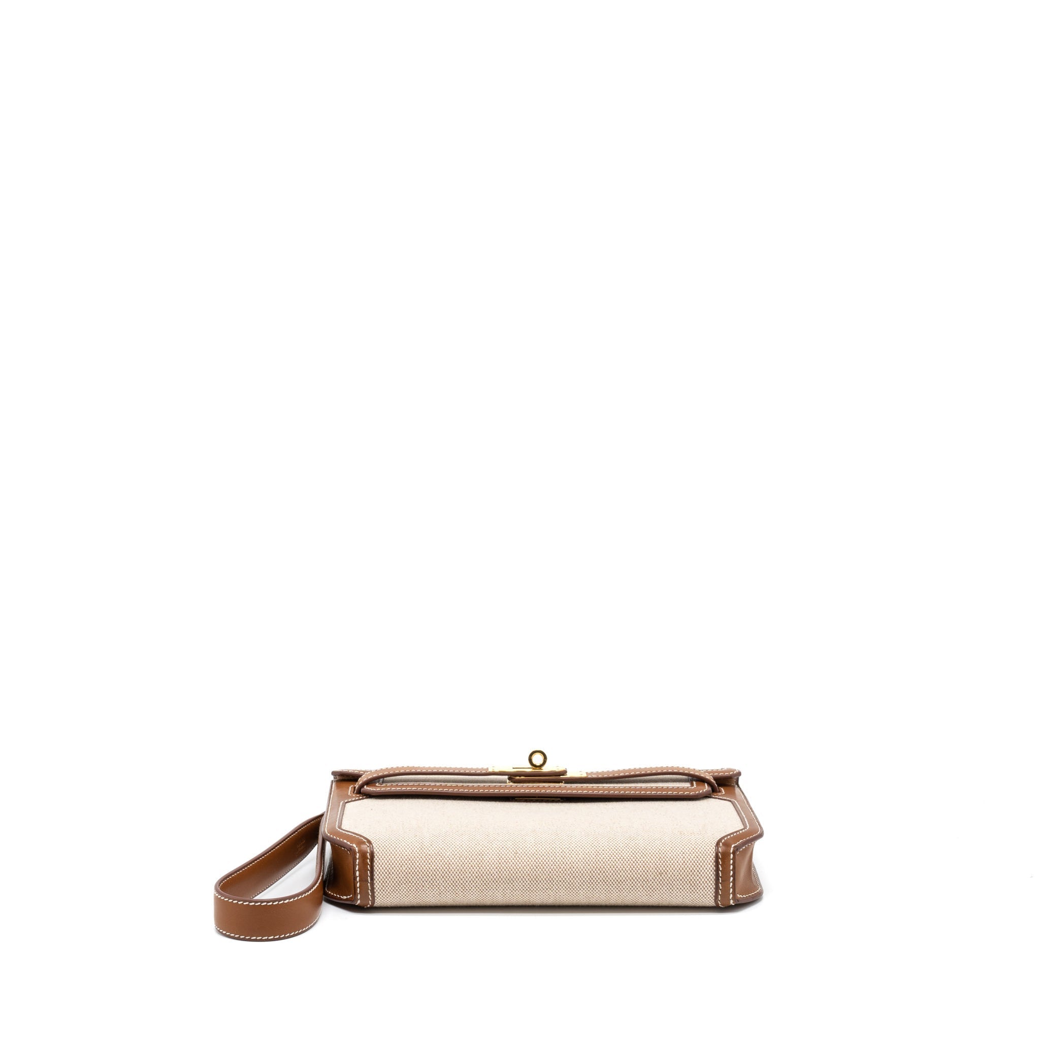 HERMES POCHETTE KELLY DEPECHES 25 CANVAS/BARENIA ECRU BEIGE/FAUVE GHW