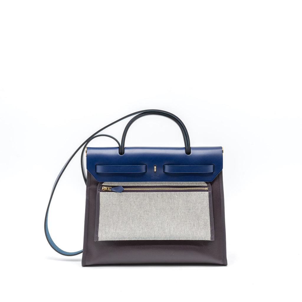 HERMES HERBAG ZIP 31 BAG TOILE H BERLINE CANVAS/VACHE HUNTER CASSIS/BLACK/BLUE SAPHIR GHW