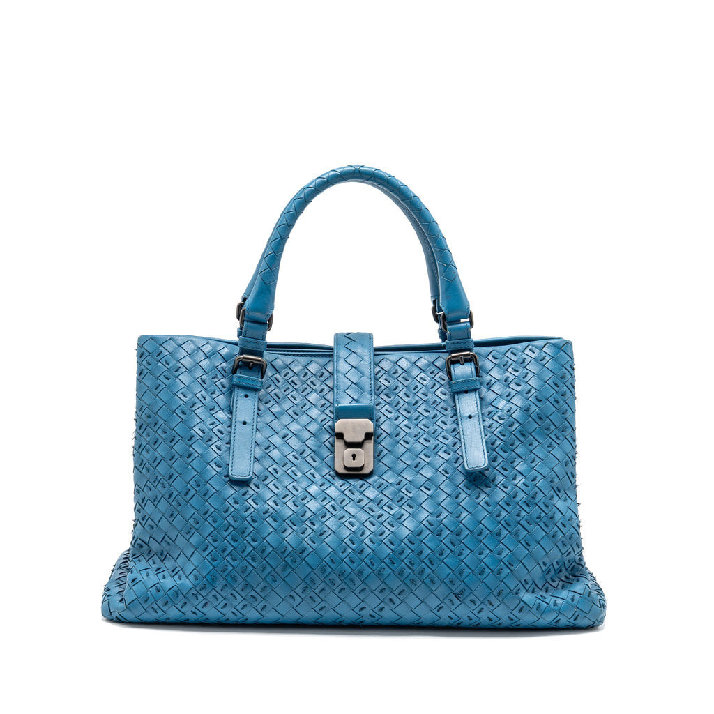 BOTTEGA VENETA INTRECCIATO ROMA LARGE TOTE BAG LEATHER BLUE BLACK HARDWARE