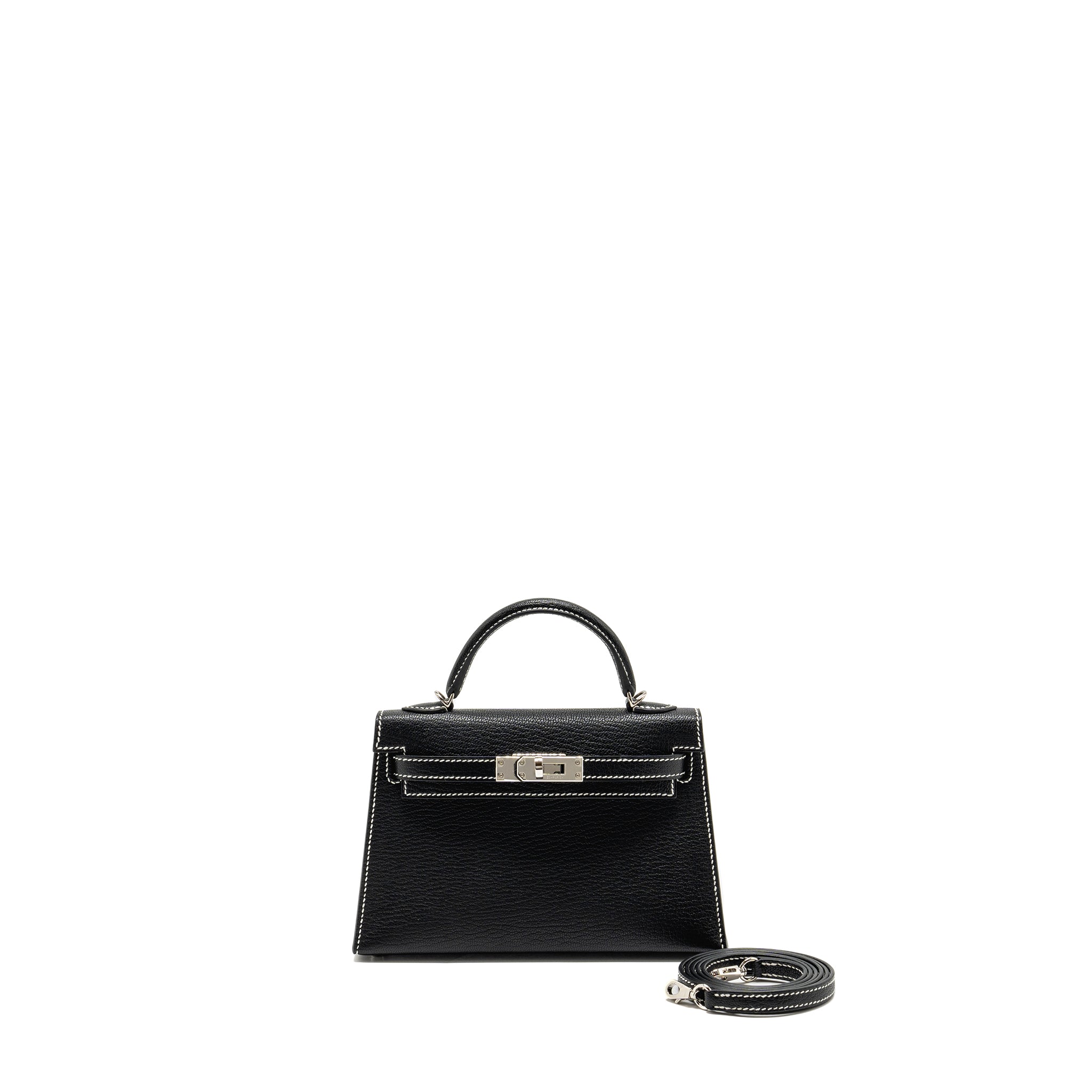 HERMES MINI KELLY II SPECIAL ORDER CHEVRE MYSORE BLACK / GRIS PERLE SHW