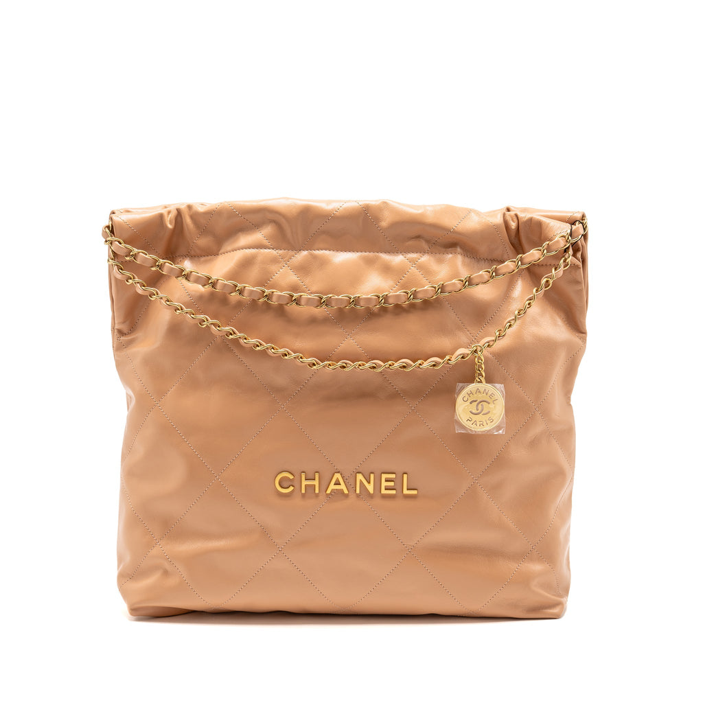 CHANEL MEDIUM 22 BAG SHINY CALFSKIN LIGHT BEIGE GHW (MICROCHIP)