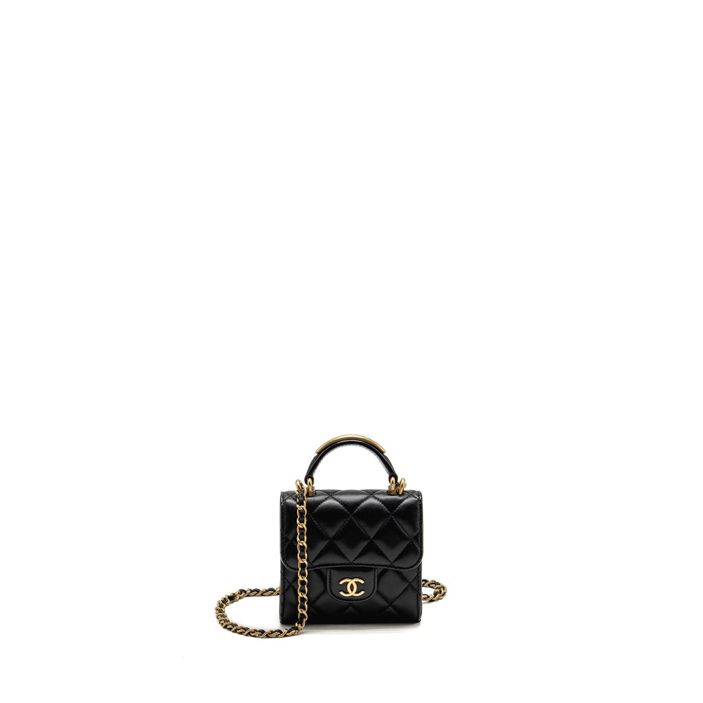 CHANEL TOP HANDLE MINI FLAP CLUTCH WITH CHAIN BLACK LAMBSKIN GHW (MICROCHIP)