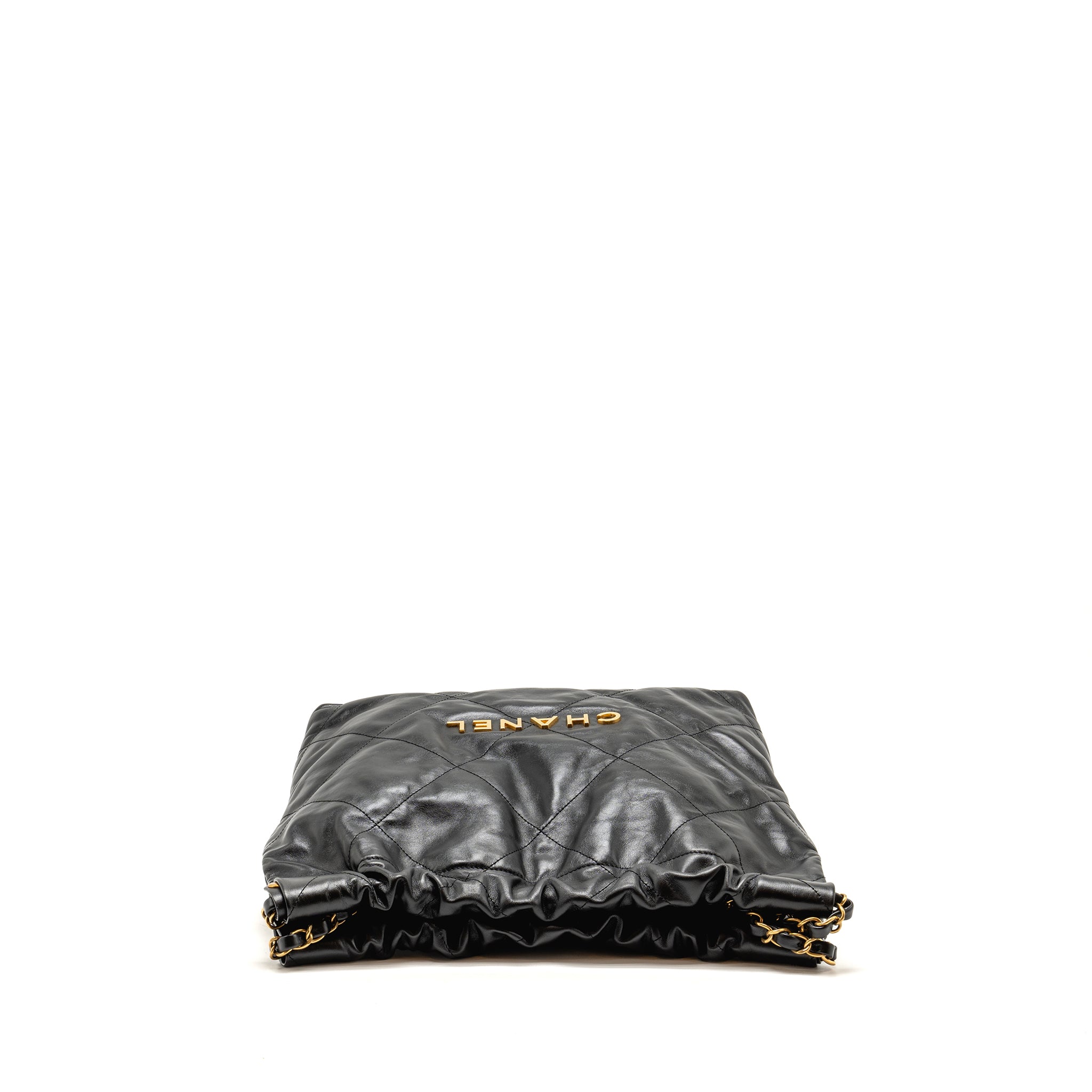 CHANEL SMALL 22 BAG GOLD LETTER CALFSKIN BLACK GHW (MICROCHIP)