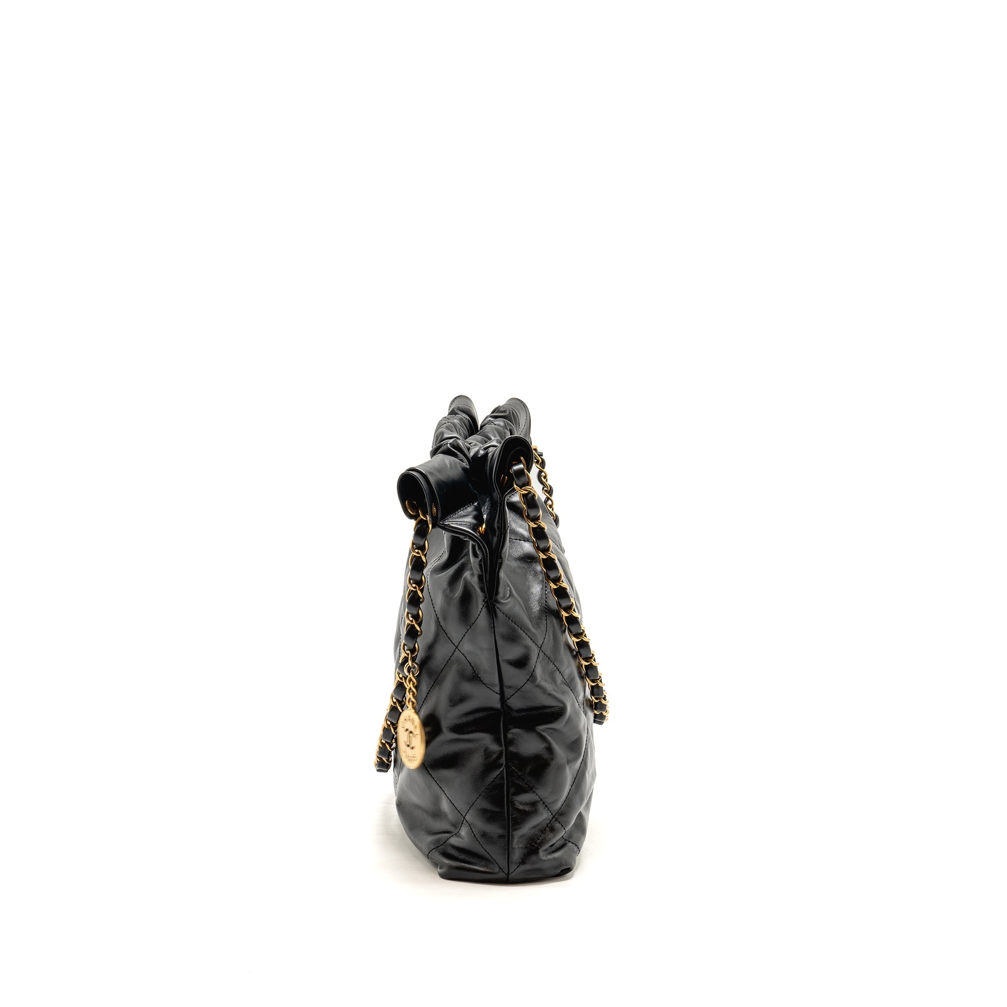 CHANEL SMALL 22 BAG GOLD LETTER CALFSKIN BLACK GHW (MICROCHIP)
