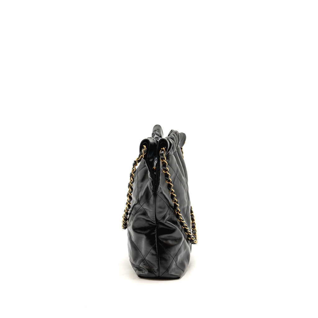 CHANEL SMALL 22 BAG GOLD LETTER CALFSKIN BLACK GHW (MICROCHIP)