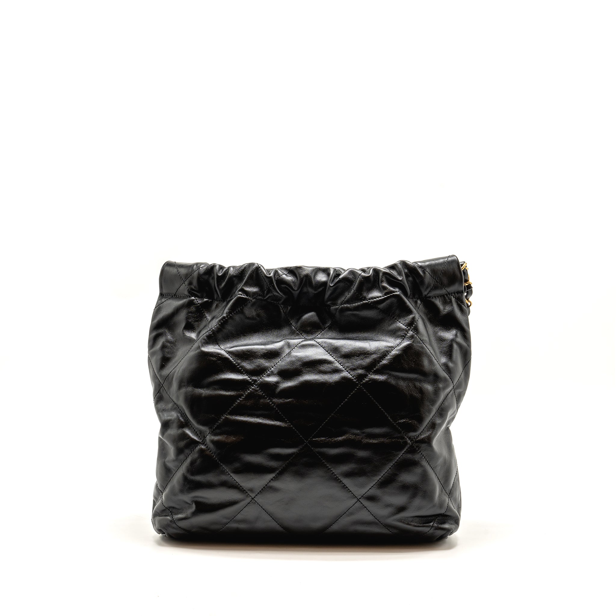 CHANEL SMALL 22 BAG GOLD LETTER CALFSKIN BLACK GHW (MICROCHIP)