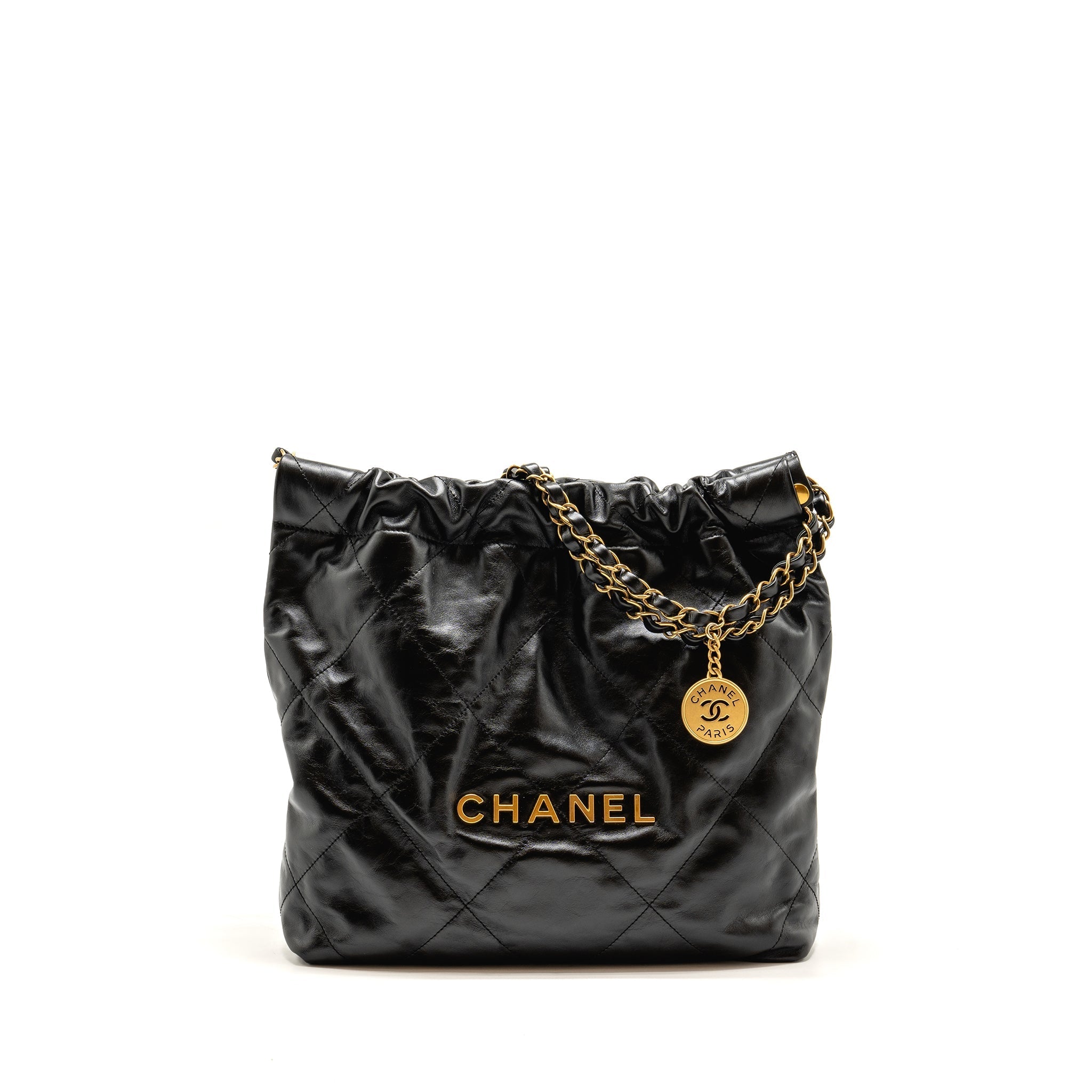 CHANEL SMALL 22 BAG GOLD LETTER CALFSKIN BLACK GHW (MICROCHIP)
