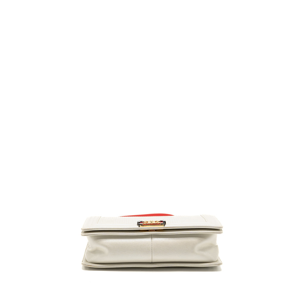 CHANEL BOY BAG METAL SQUARED LAMBSKIN WHITE/RED GHW