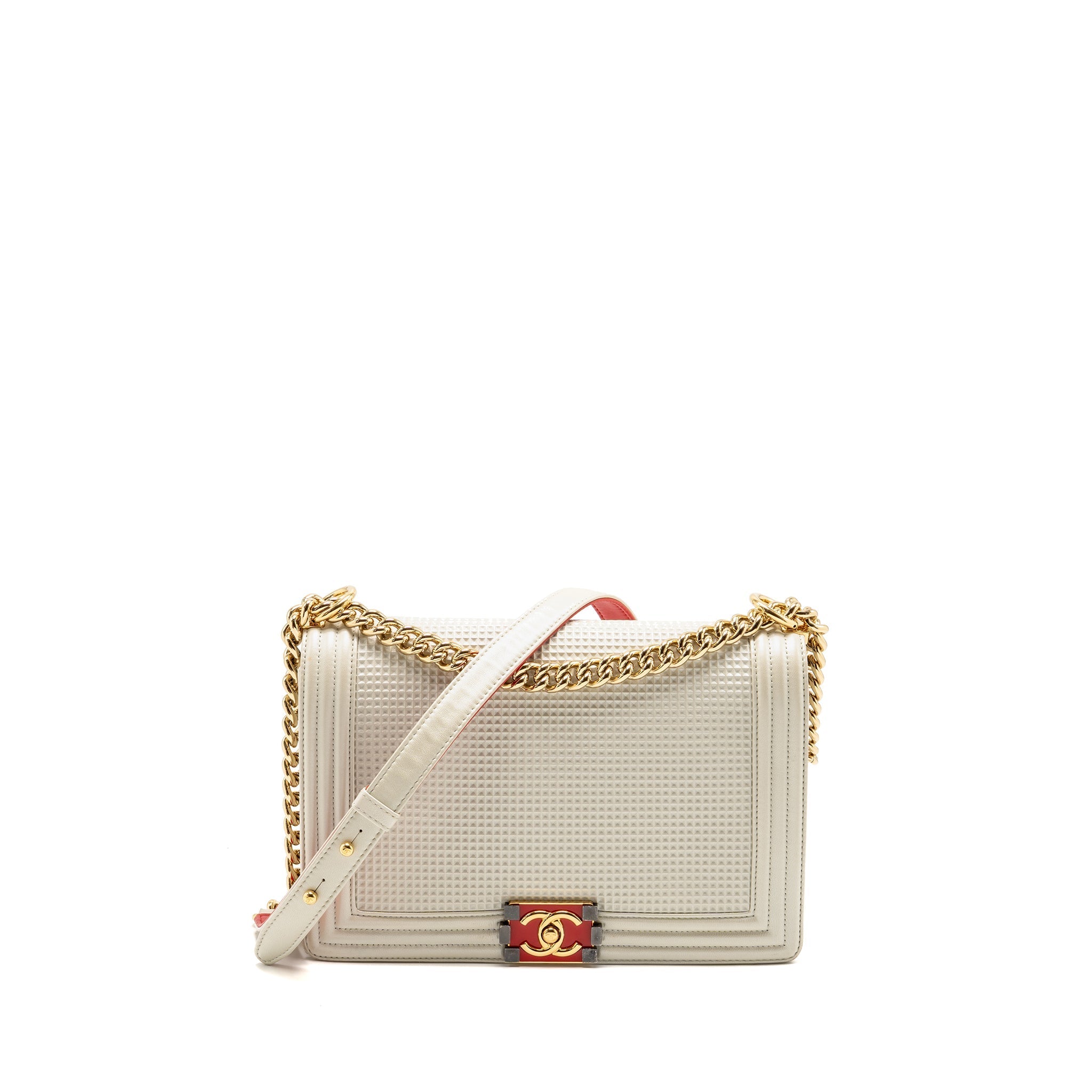 CHANEL BOY BAG METAL SQUARED LAMBSKIN WHITE/RED GHW