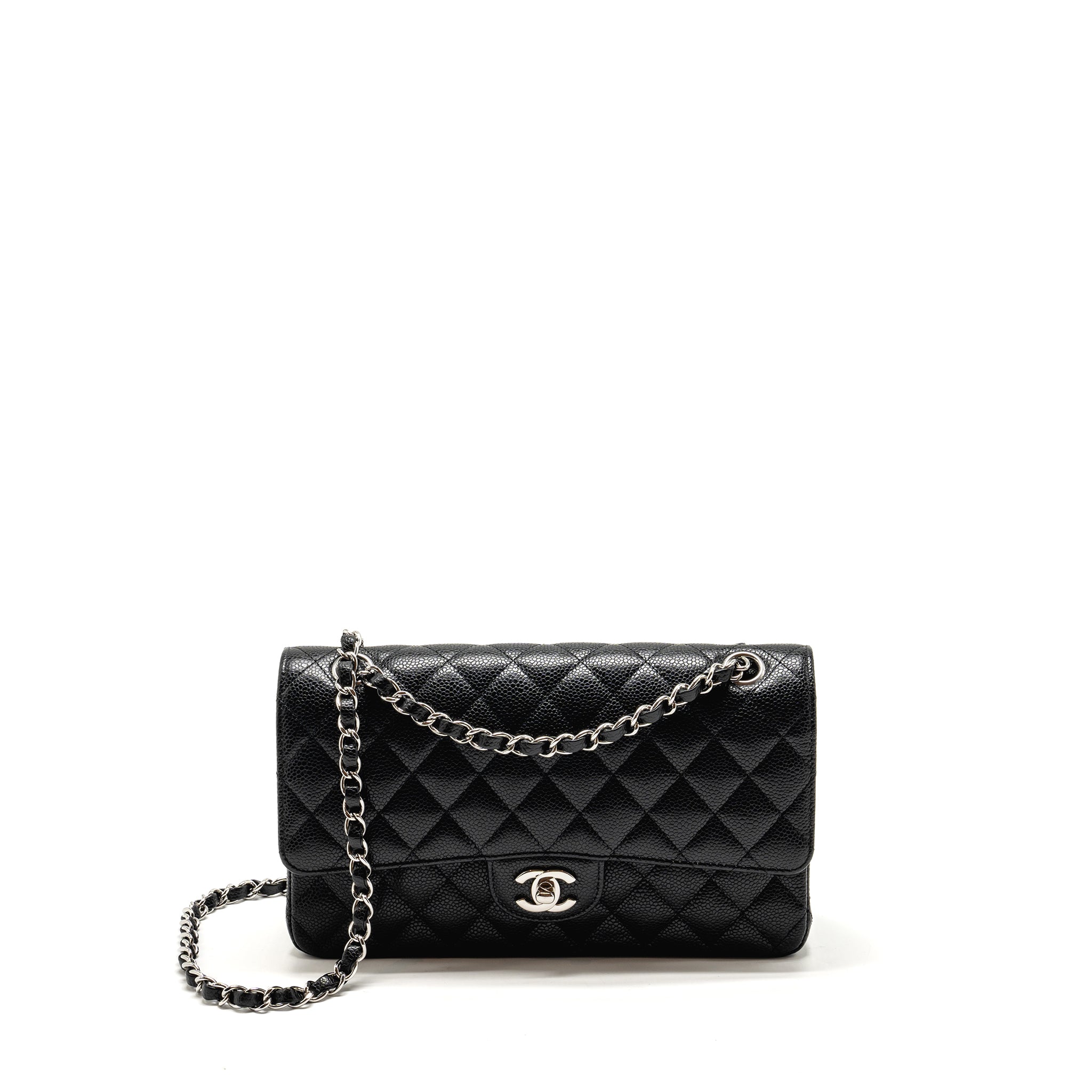 CHANEL MEDIUM CLASSIC DOUBLE FLAP BAG CAVIAR BLACK SHW (MICROCHIP)