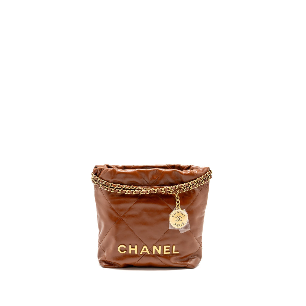 CHANEL MINI 22 BAG SHINY CALFSKIN CARAMEL GHW (MICROCHIP)