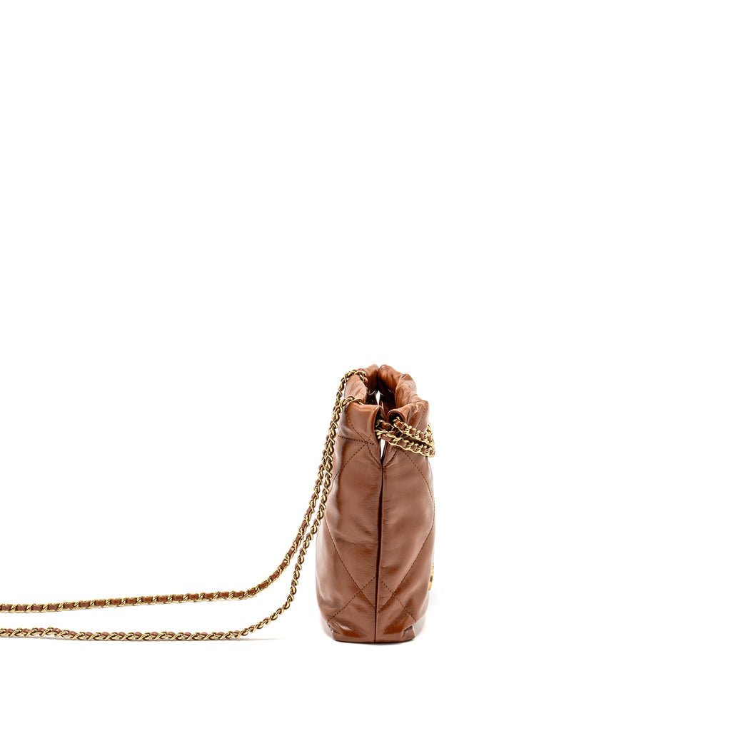 CHANEL MINI 22 BAG SHINY CALFSKIN CARAMEL GHW (MICROCHIP)