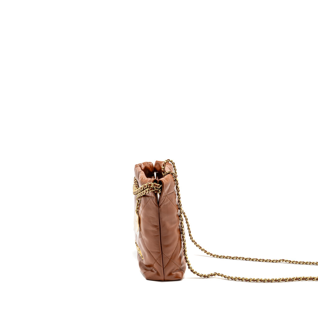 CHANEL MINI 22 BAG SHINY CALFSKIN CARAMEL GHW (MICROCHIP)