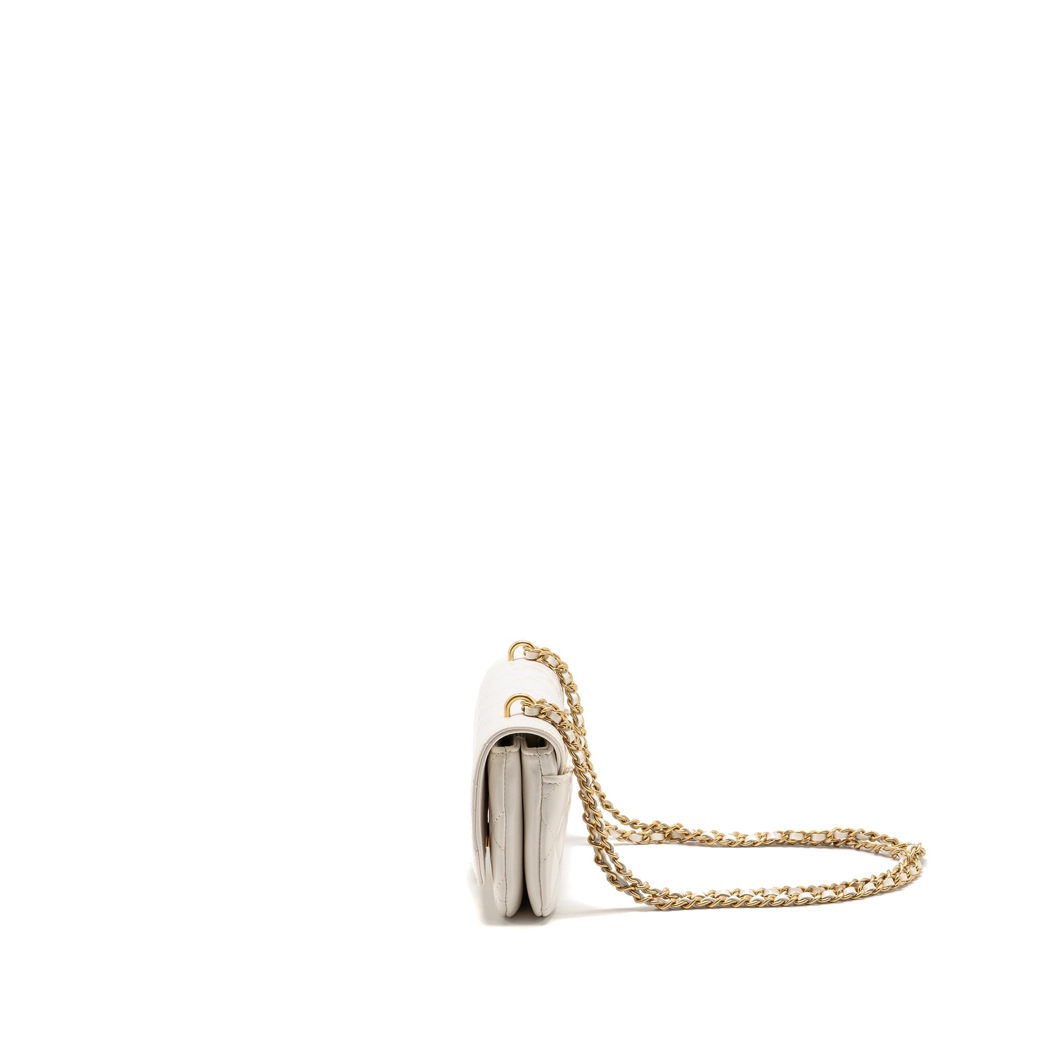 CHANEL FLAP PHONE HOLDER WITH CHAIN SHINY LAMBSKIN WHITE GHW (MICROCHIP)