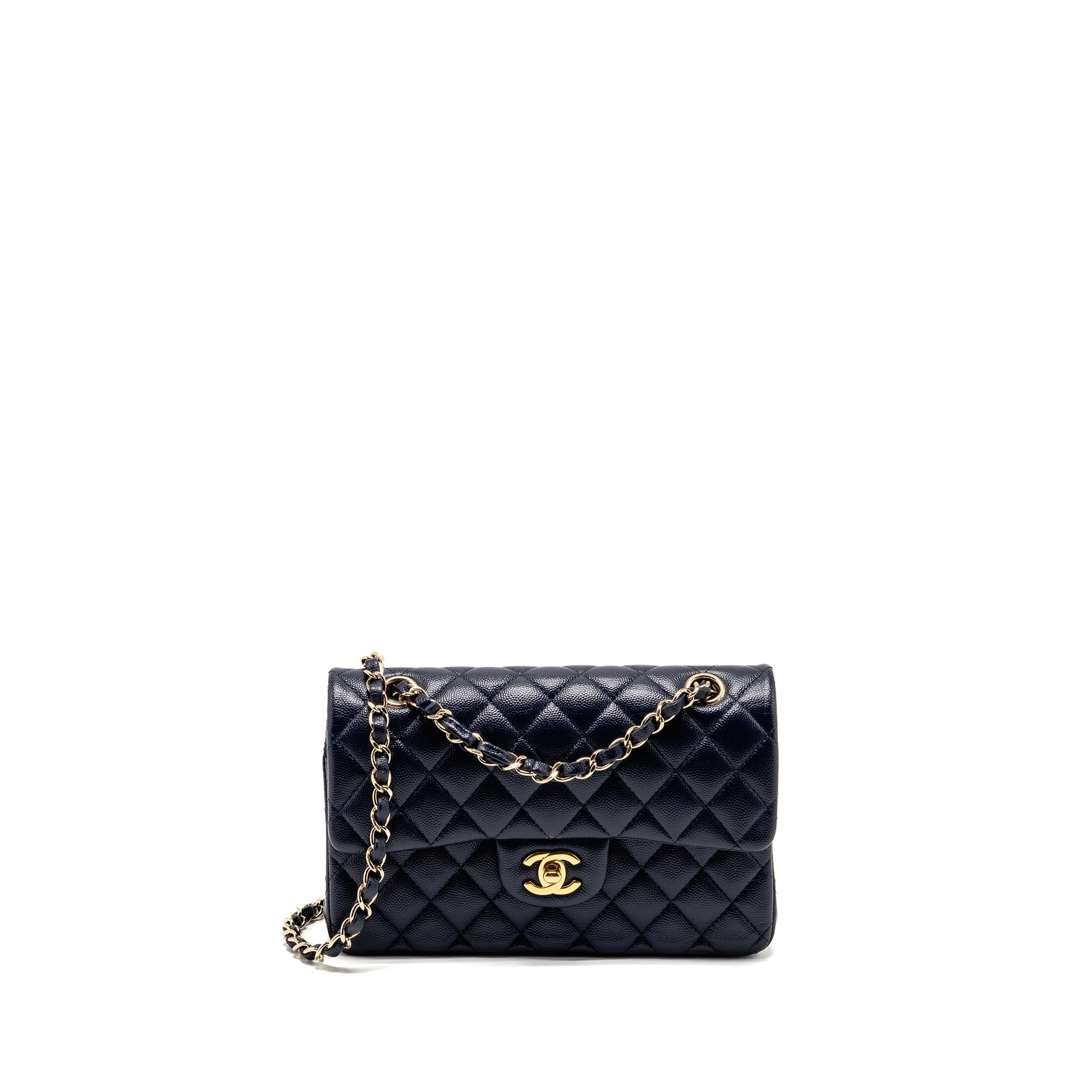 CHANEL SMALL CLASSIC DOUBLE FLAP BAG CAVIAR NAVY GHW (MICROCHIP)