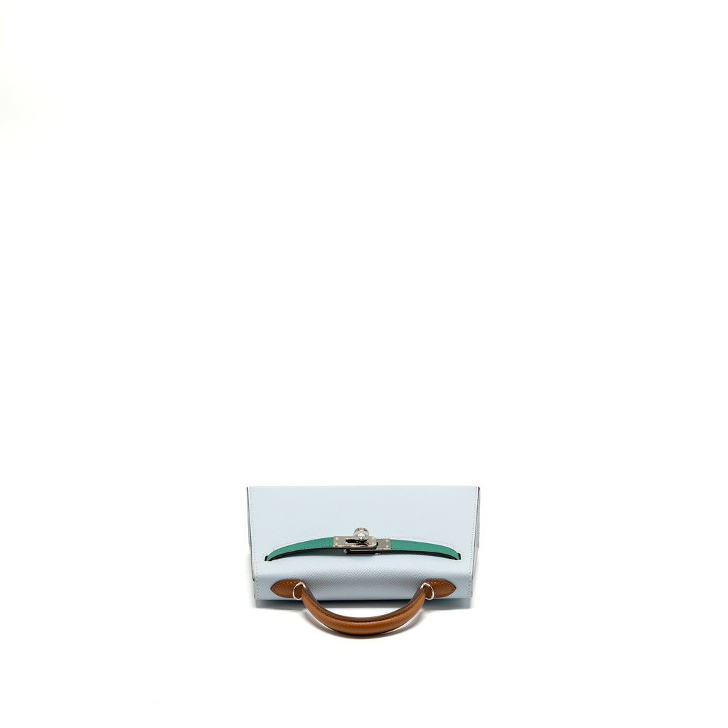 HERMES MINI KELLY EPSOM BLEU BRUME/VERT JADE/GOLD SHW