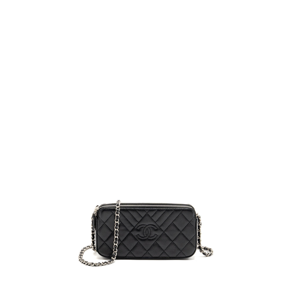 CHANEL DOUBLE ZIP CLUTCH WITH CHAIN CAVIAR BLACK SHW