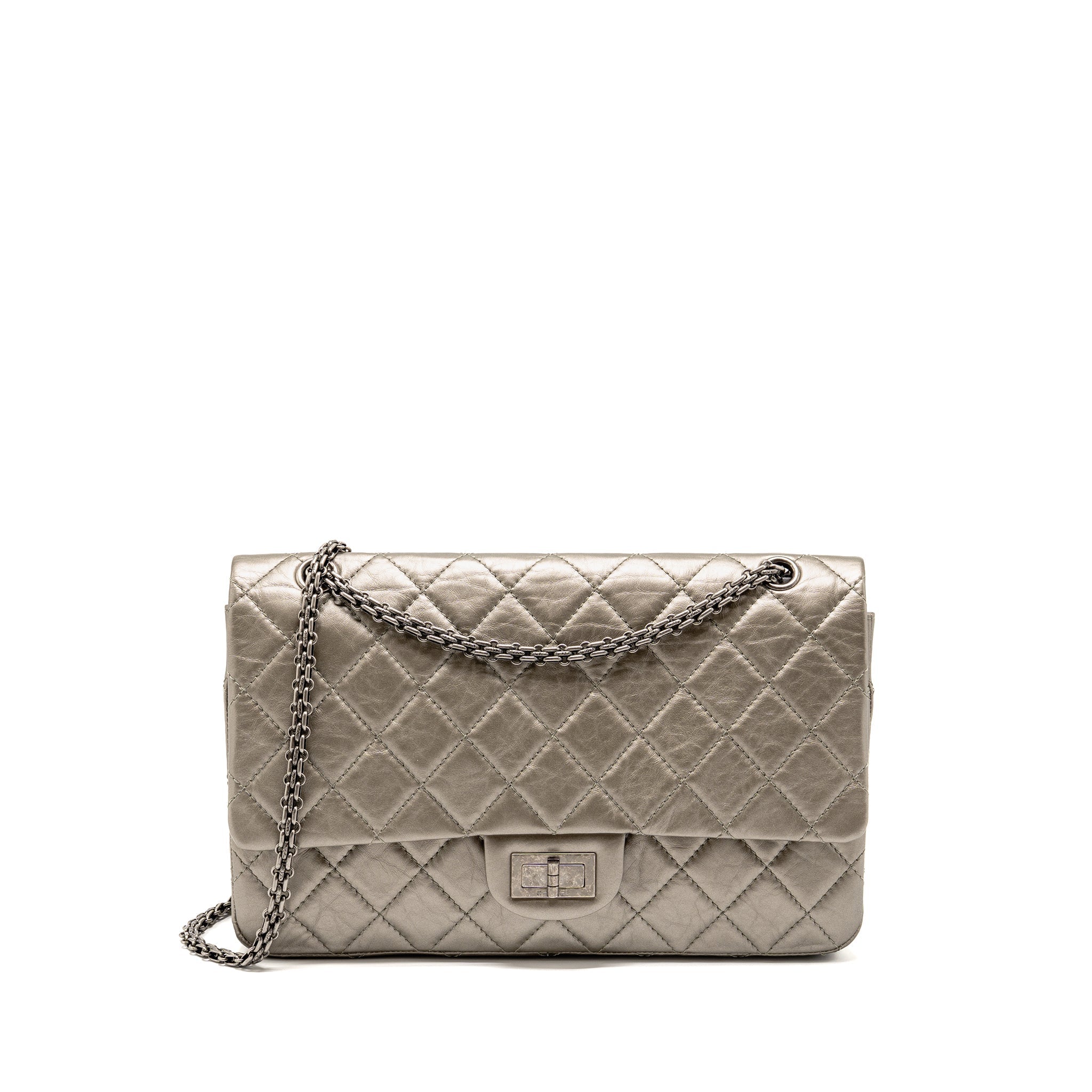 CHANEL MAXI 2.55 REISSUE FLAP BAG AGED CALFSKIN IRIDESCENT LIGHT GREY RUTHENIUM HARDWARE