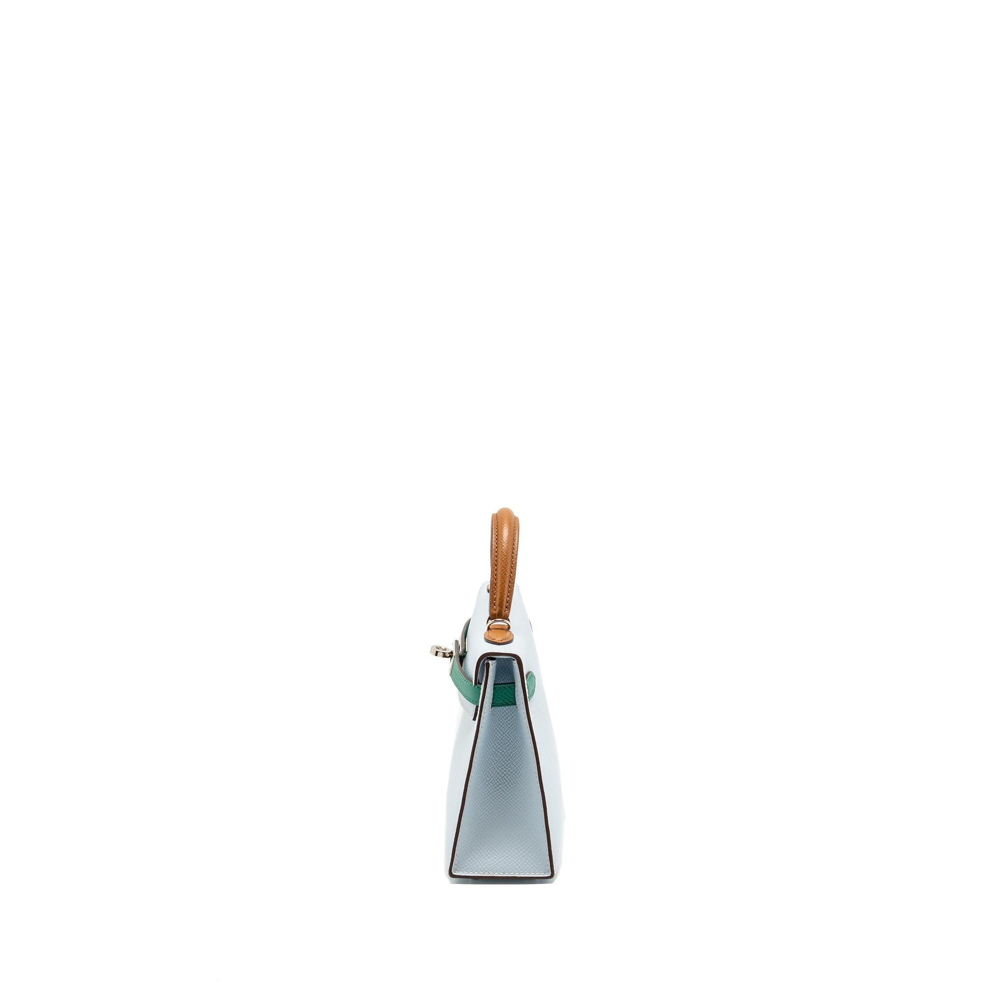 HERMES MINI KELLY EPSOM BLEU BRUME/VERT JADE/GOLD SHW