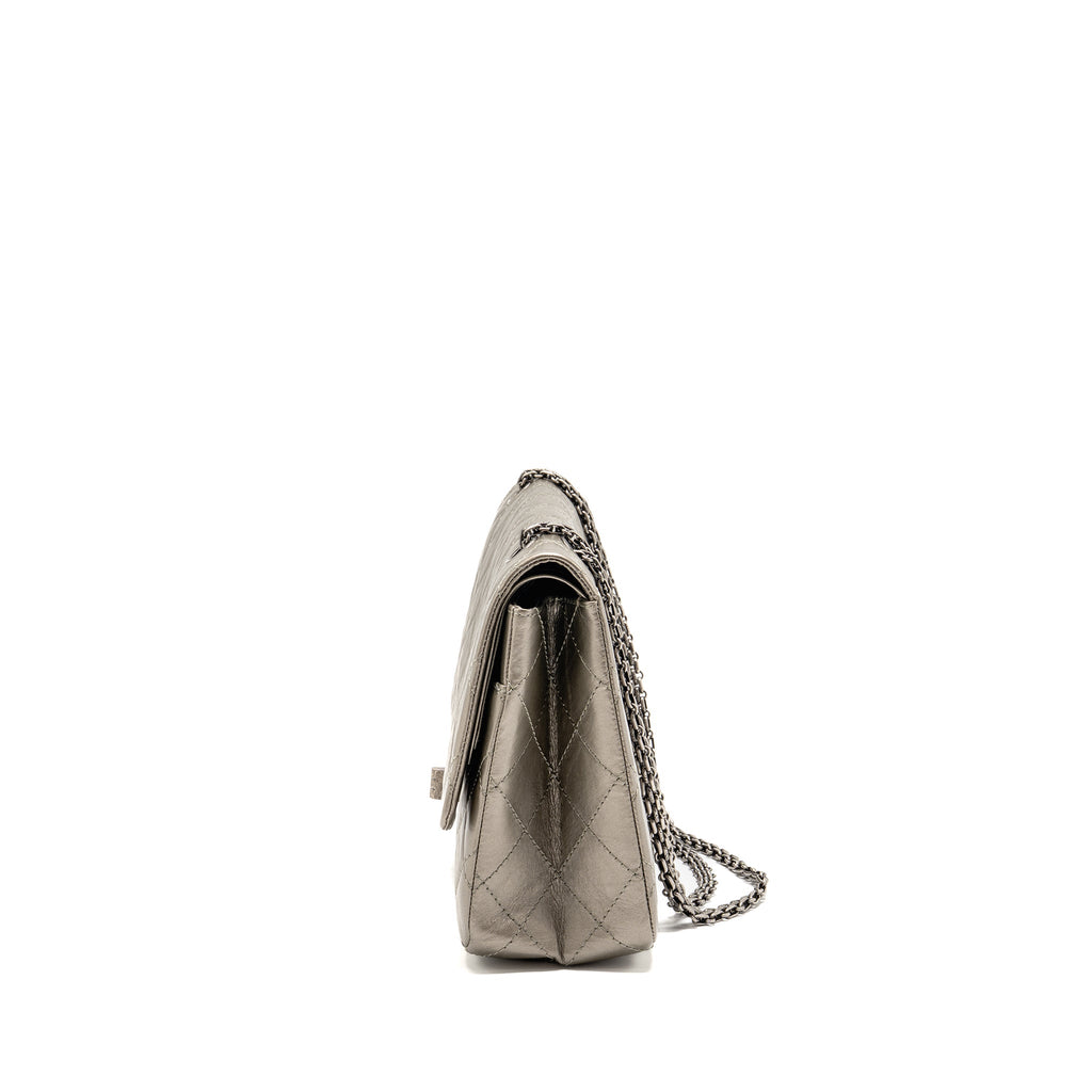 CHANEL MAXI 2.55 REISSUE FLAP BAG AGED CALFSKIN IRIDESCENT LIGHT GREY RUTHENIUM HARDWARE