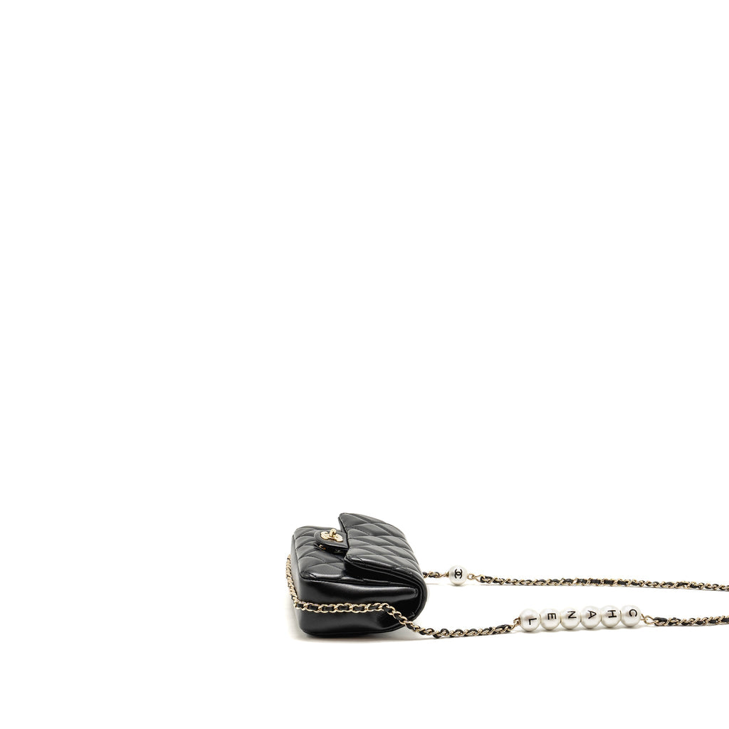 CHANEL QUILTED FLAP BAG WITH PEARL CHAIN LAMBSKIN BLACK LGHW