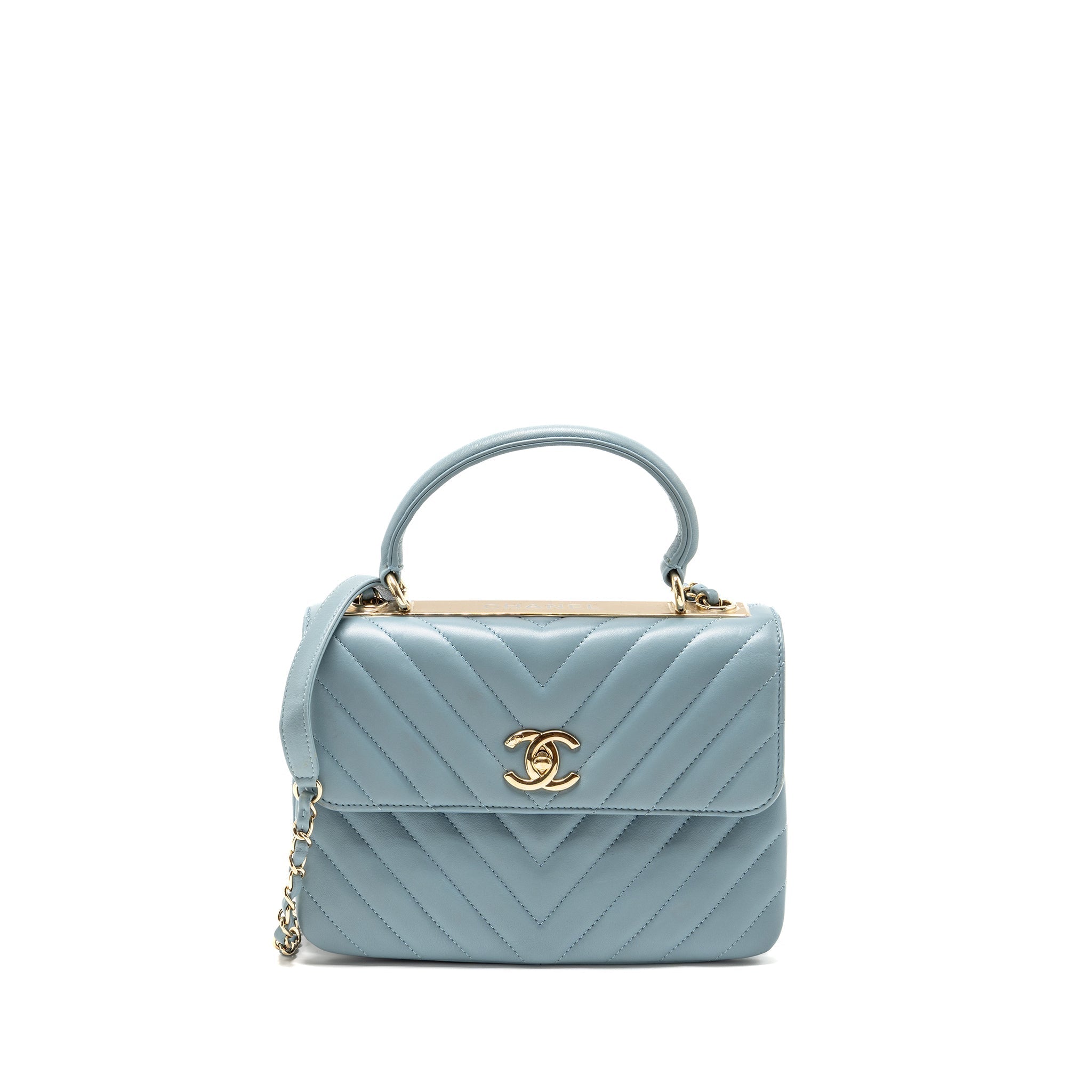 CHANEL TOP HANDLE TRENDY CC FLAP BAG CHEVRON LAMBSKIN BLUE LGHW