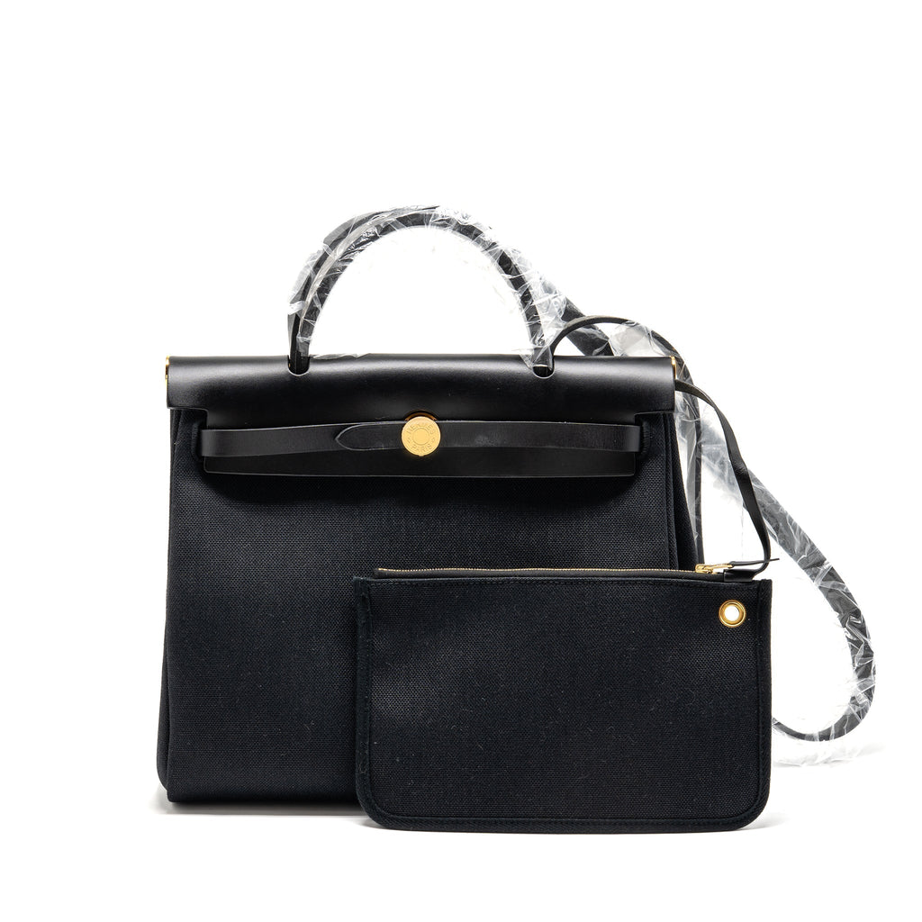 HERMES HERBAG 31 ZIP BAG CANVAS/HUNTER LEATHER BLACK GHW