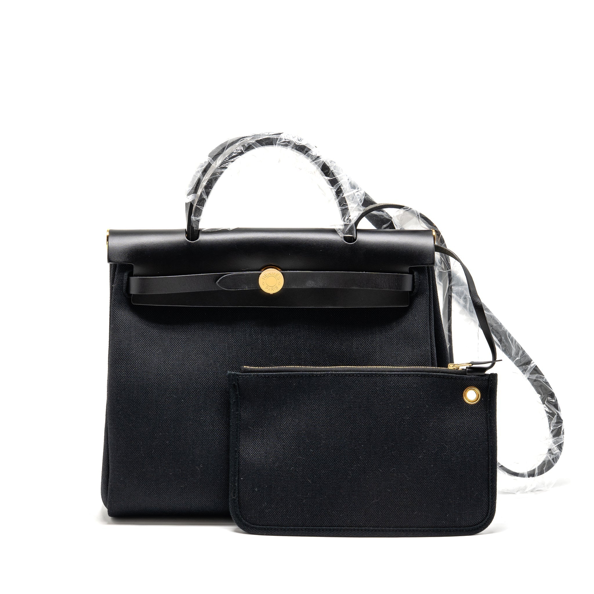 HERMES HERBAG 31 ZIP BAG CANVAS/HUNTER LEATHER BLACK GHW