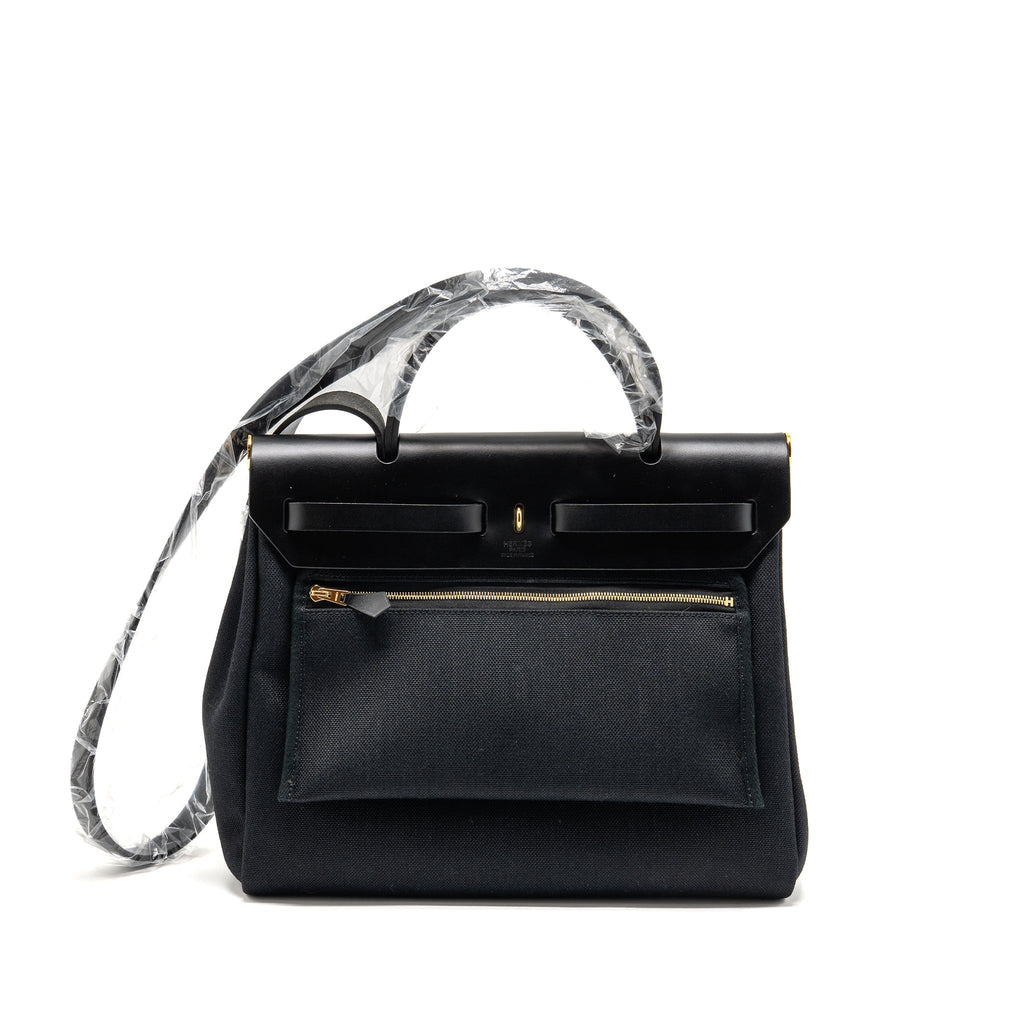 HERMES HERBAG 31 ZIP BAG CANVAS/HUNTER LEATHER BLACK GHW