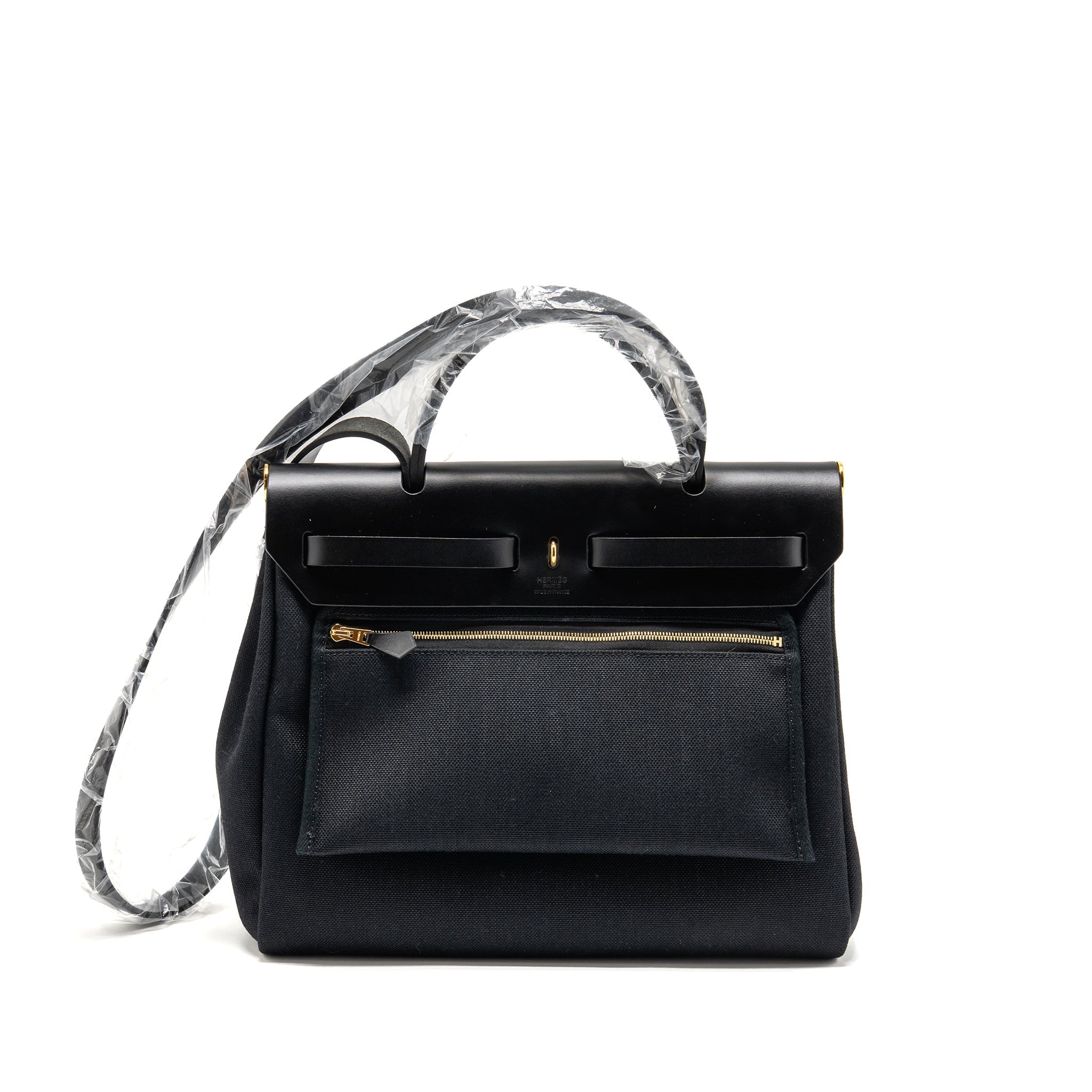 HERMES HERBAG 31 ZIP BAG CANVAS/HUNTER LEATHER BLACK GHW