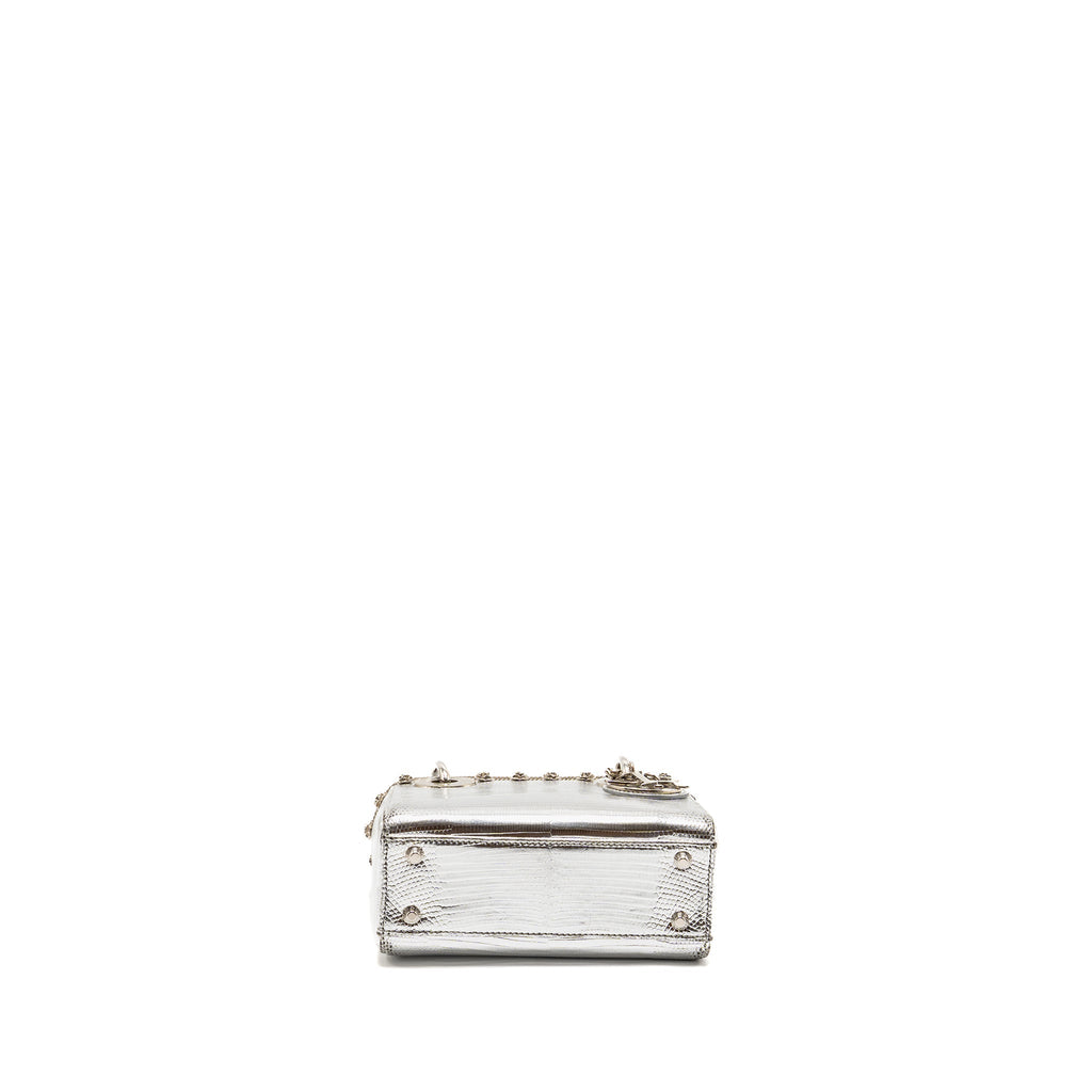 DIOR MINI LADY DIOR FLOWER STUDDED METAL HANDLE LIZARD SILVER SHW