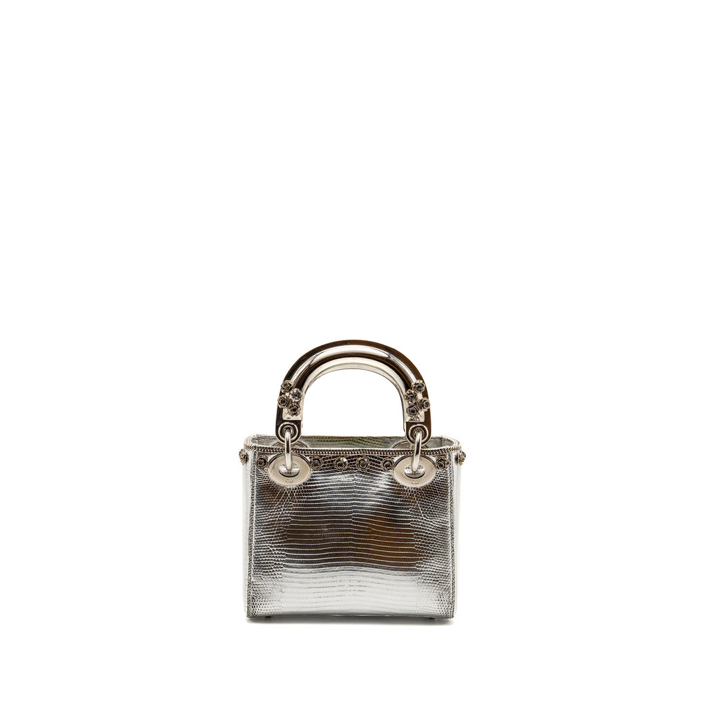 DIOR MINI LADY DIOR FLOWER STUDDED METAL HANDLE LIZARD SILVER SHW