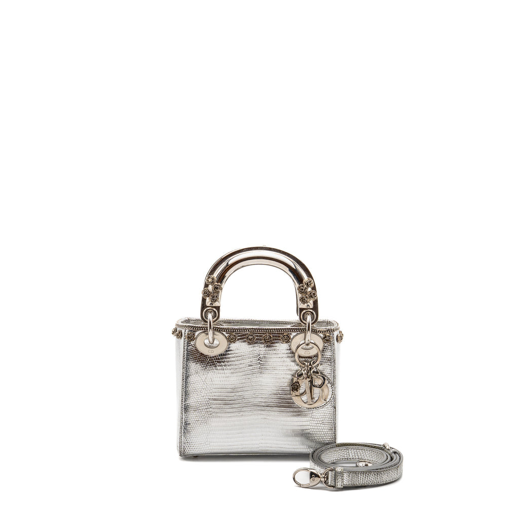 DIOR MINI LADY DIOR FLOWER STUDDED METAL HANDLE LIZARD SILVER SHW