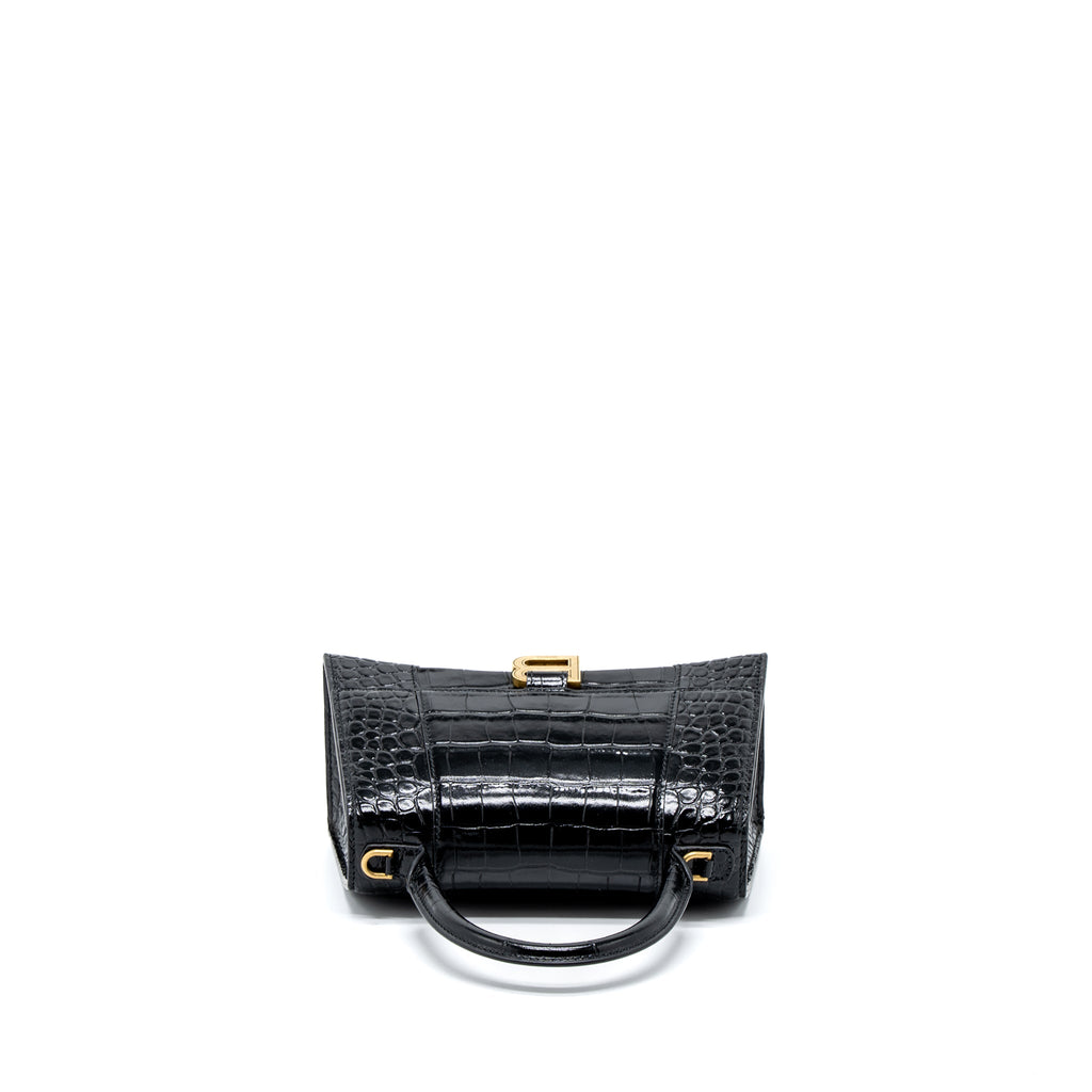 BALENCIAGA HOURGLASS SMALL HANDBAG CROC EMBOSSED CALFSKIN BLACK GHW