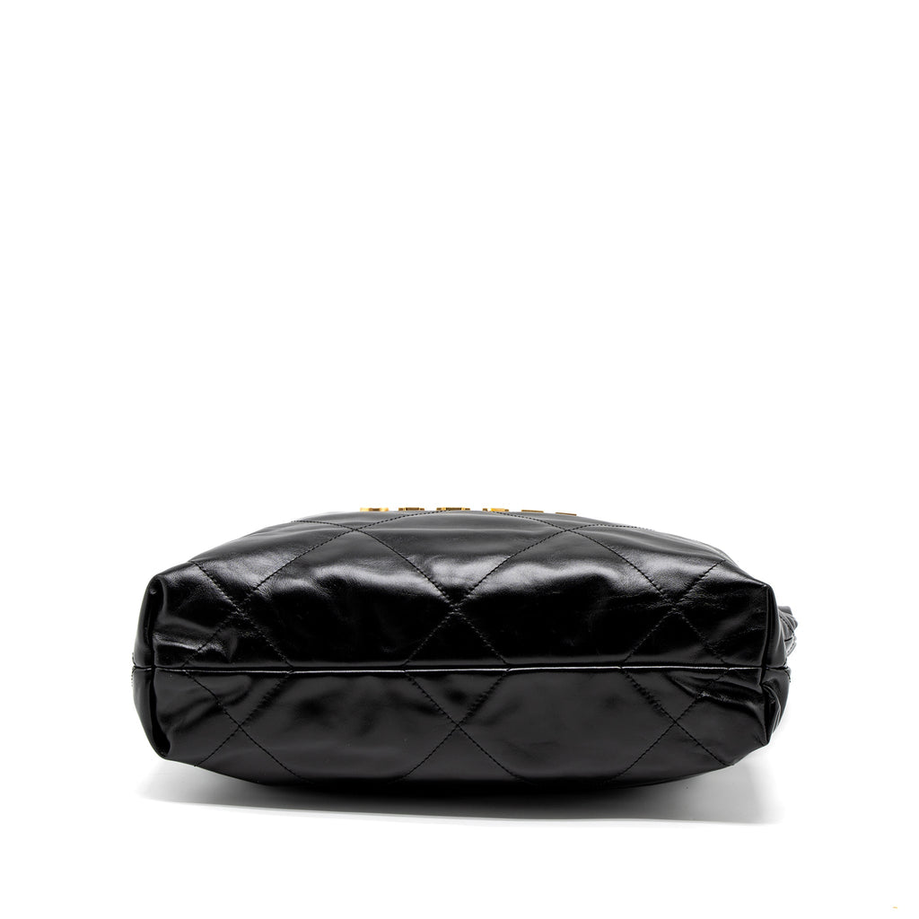 CHANEL SMALL 22 BAG GOLD LETTER SHINY CALFSKIN BLACK BRUSHED GHW (MICROCHIP)