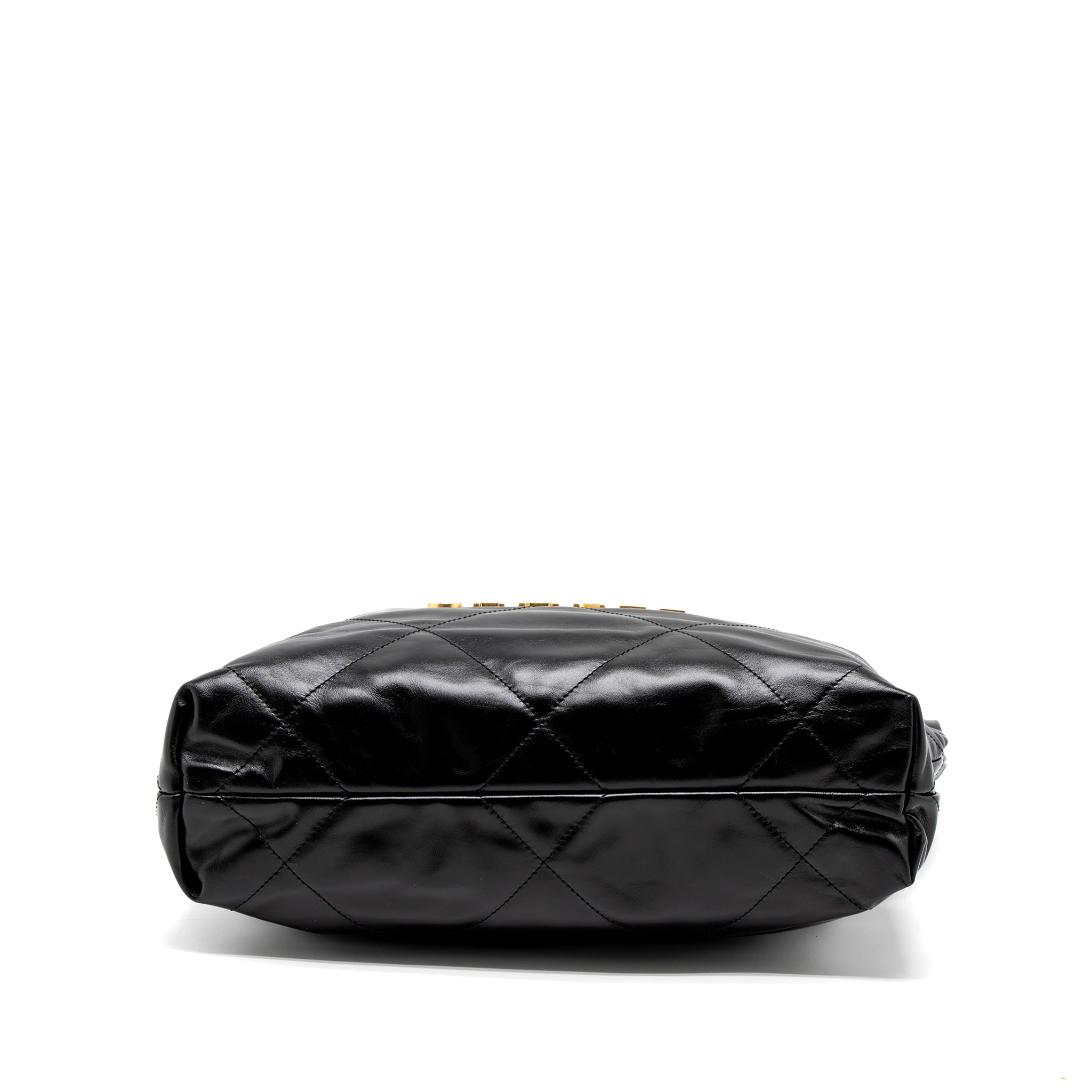 CHANEL SMALL 22 BAG GOLD LETTER SHINY CALFSKIN BLACK BRUSHED GHW (MICROCHIP)